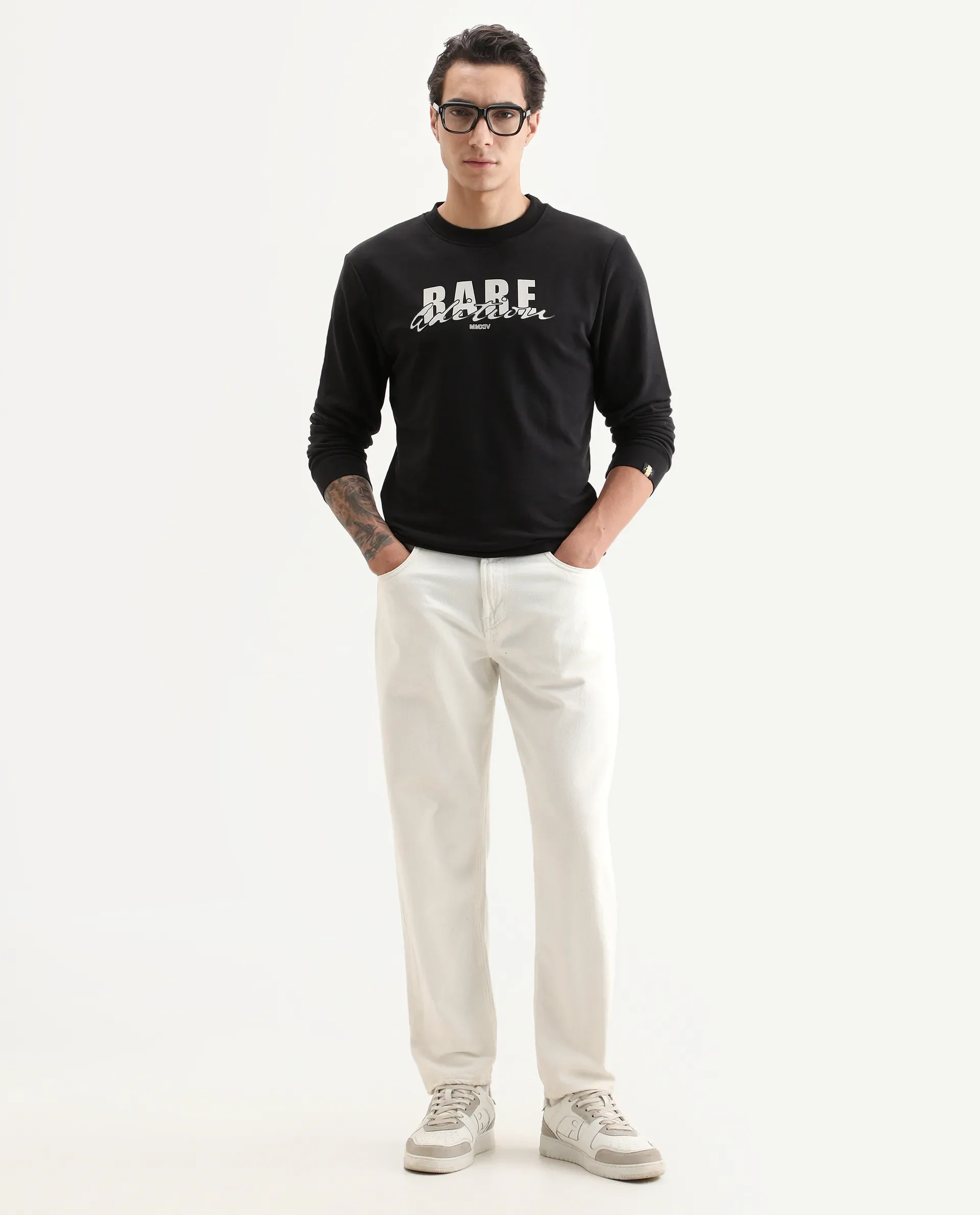 Rare Rabbit Men's Roven Black Cotton Blend Graphic Print Regular Fit Full Sleeve Crew Neck Sweatshirt - Image 2