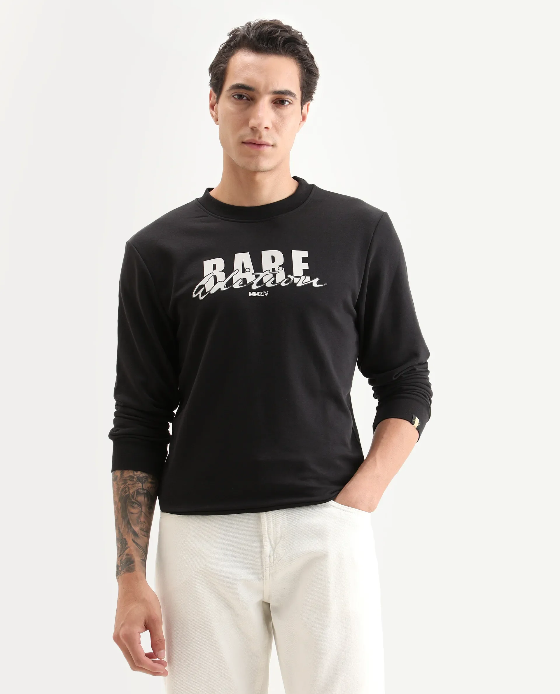 Rare Rabbit Men's Roven Black Cotton Blend Graphic Print Regular Fit Full Sleeve Crew Neck Sweatshirt - Image 3