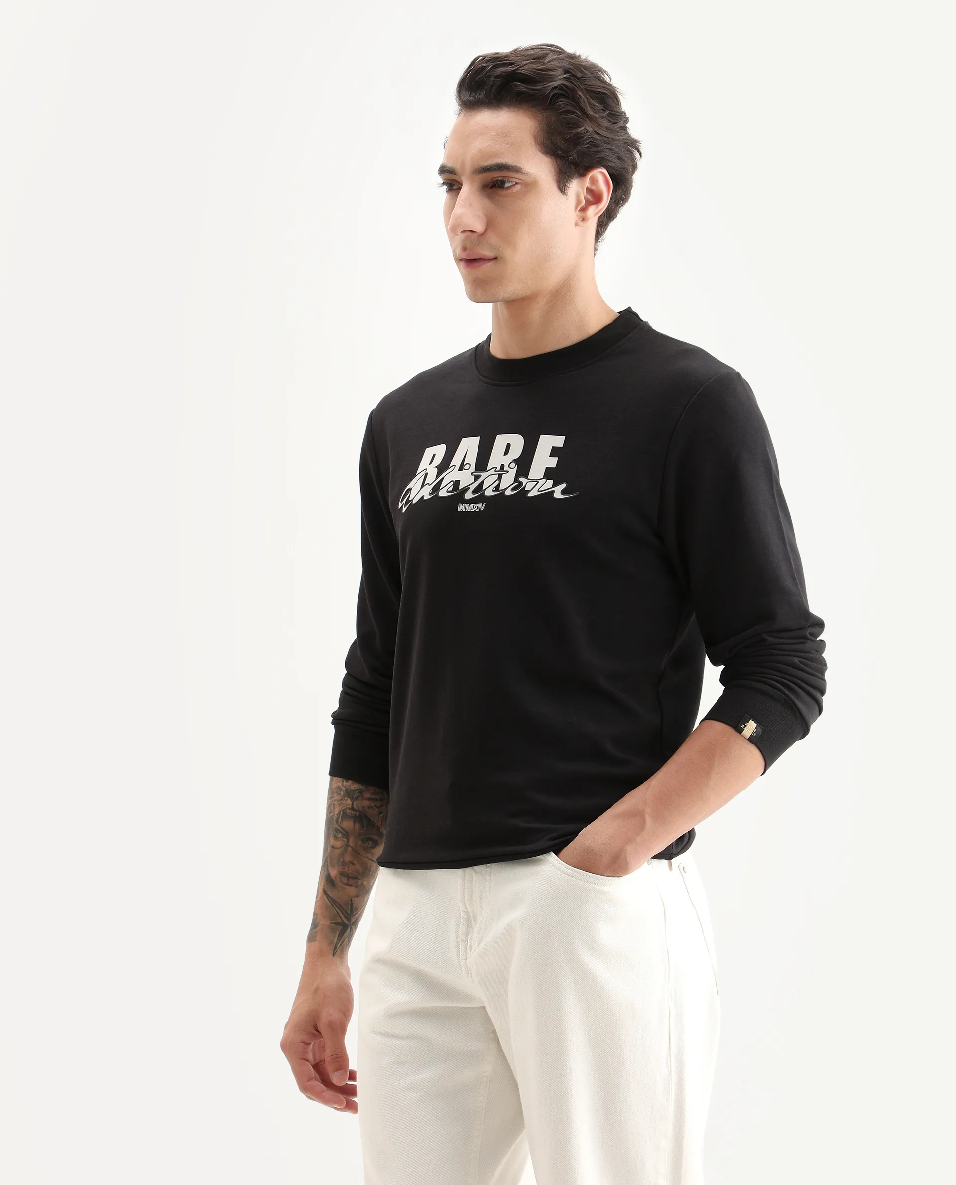Rare Rabbit Men's Roven Black Cotton Blend Graphic Print Regular Fit Full Sleeve Crew Neck Sweatshirt - Image 5