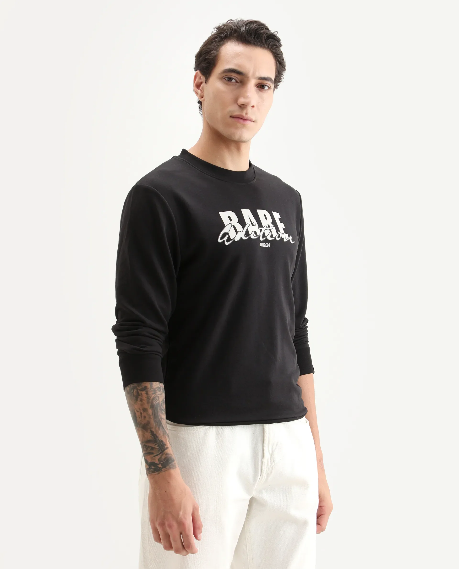 Rare Rabbit Men's Roven Black Cotton Blend Graphic Print Regular Fit Full Sleeve Crew Neck Sweatshirt - Image 6