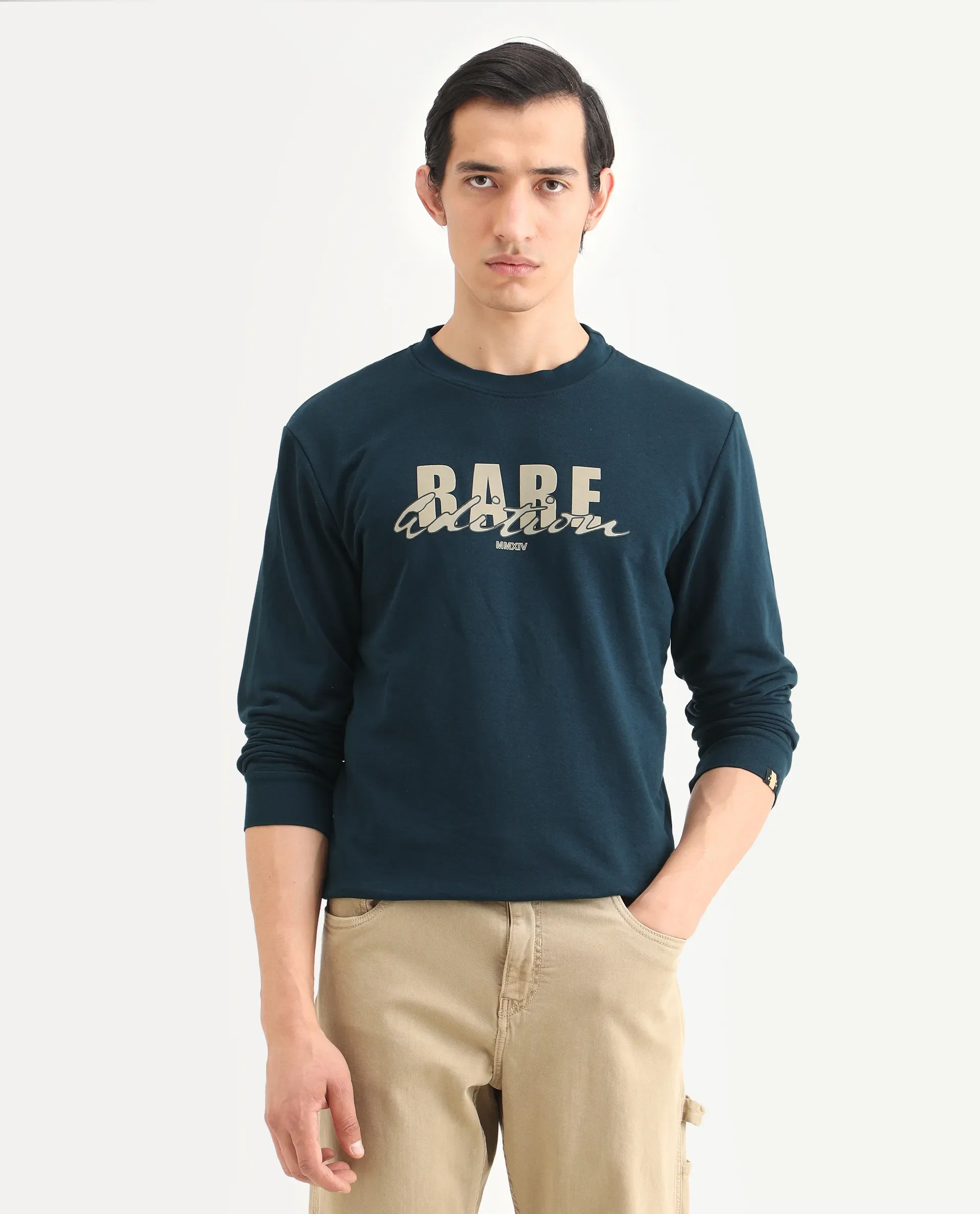 Rare Rabbit Men's Roven Dark Petrol Cotton Graphic Print Regular Fit Full Sleeve Crew Neck Sweatshirt - Image 3