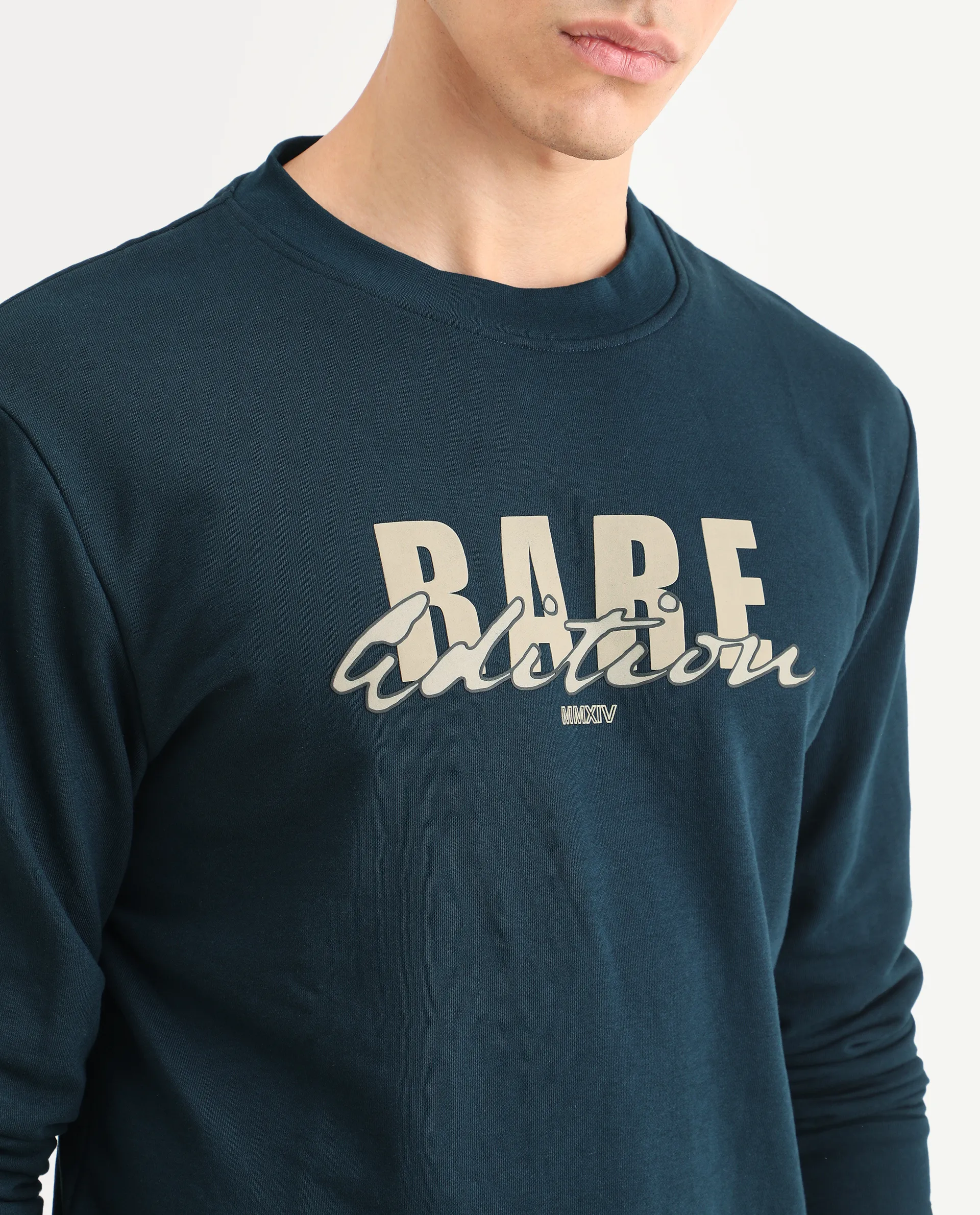 Rare Rabbit Men's Roven Dark Petrol Cotton Graphic Print Regular Fit Full Sleeve Crew Neck Sweatshirt - Image 4