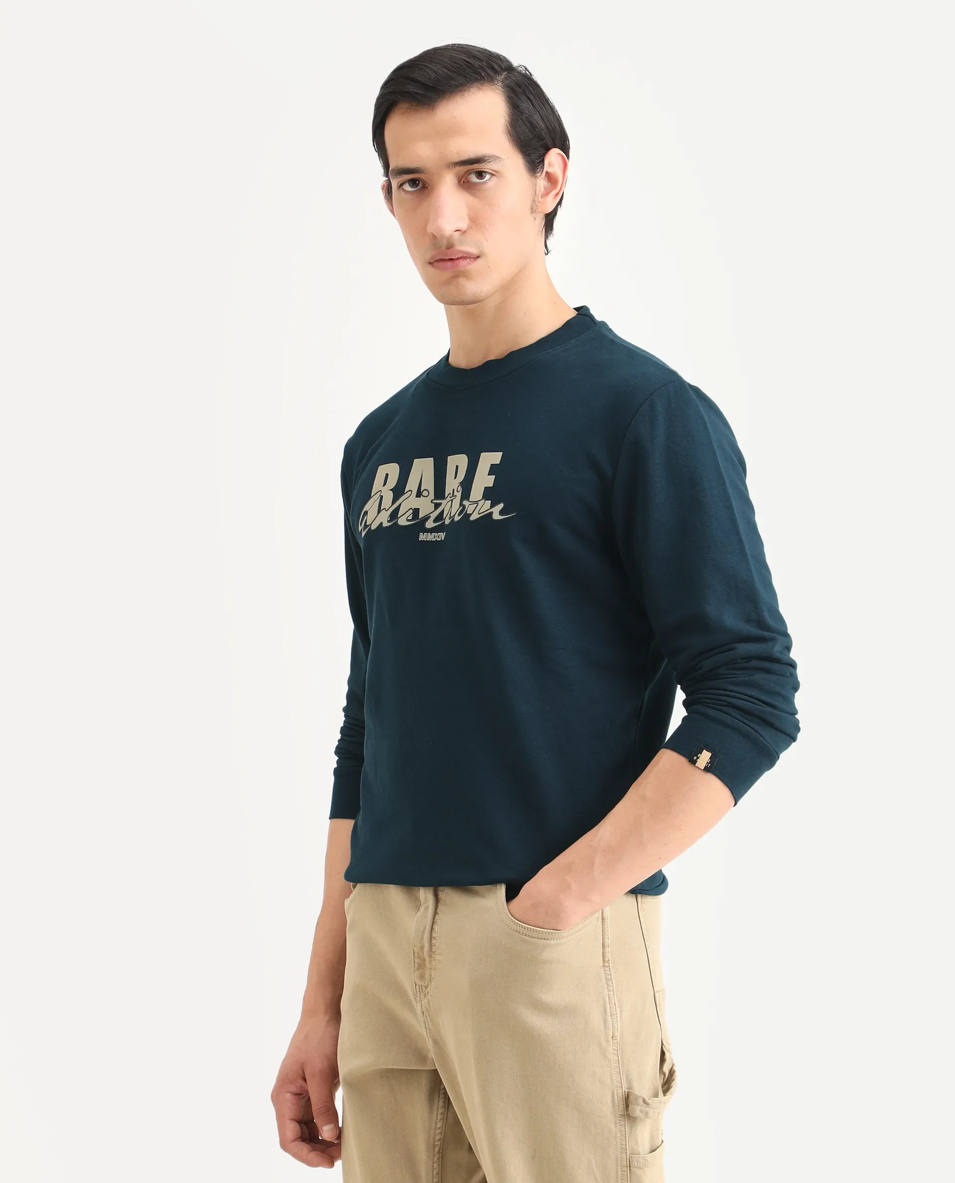 Rare Rabbit Men's Roven Dark Petrol Cotton Graphic Print Regular Fit Full Sleeve Crew Neck Sweatshirt - Image 5