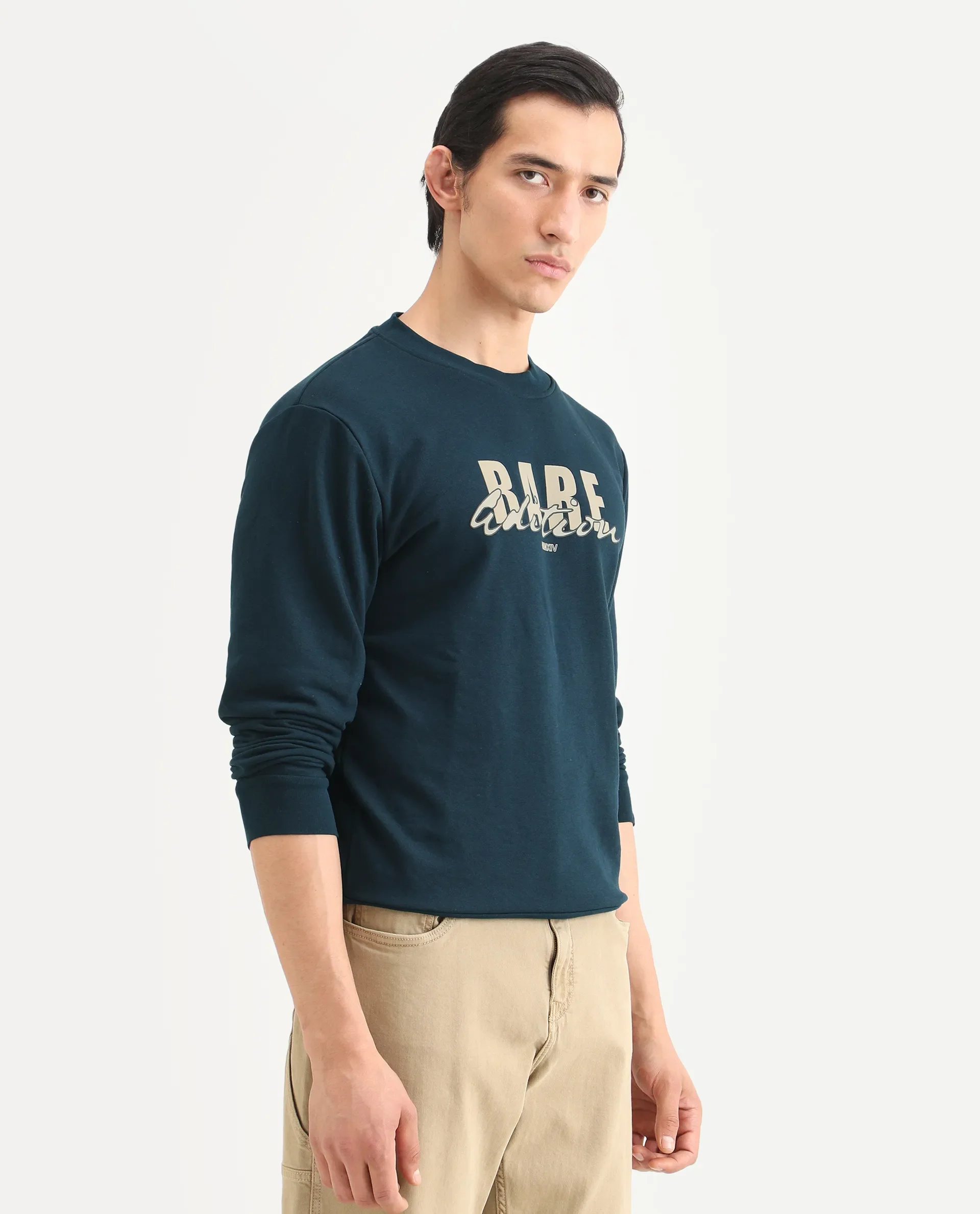 Rare Rabbit Men's Roven Dark Petrol Cotton Graphic Print Regular Fit Full Sleeve Crew Neck Sweatshirt - Image 6