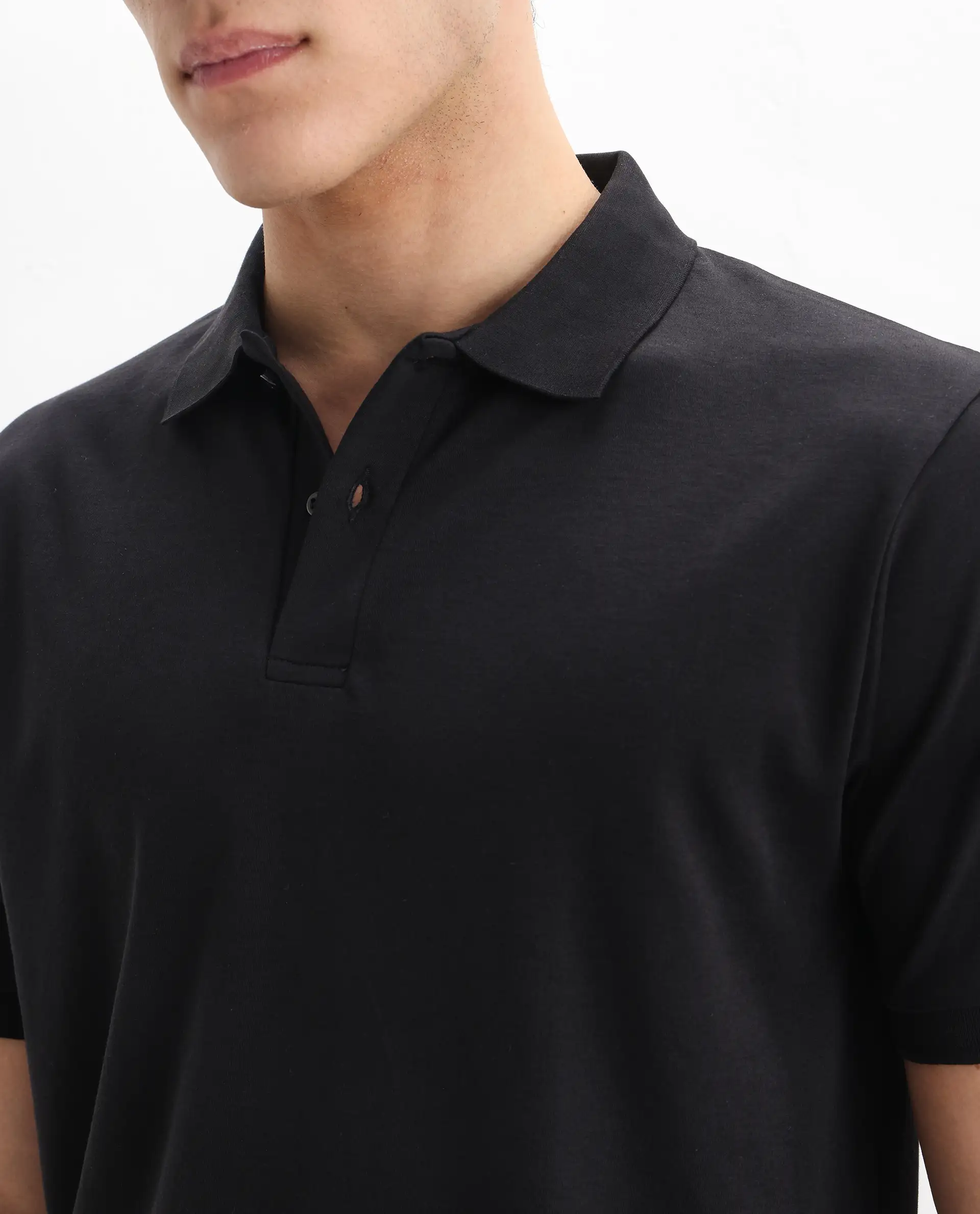 Rare Rabbit Men's Row-1 Black Cotton Plain Regular Fit Half Sleeve Polo - Image 3