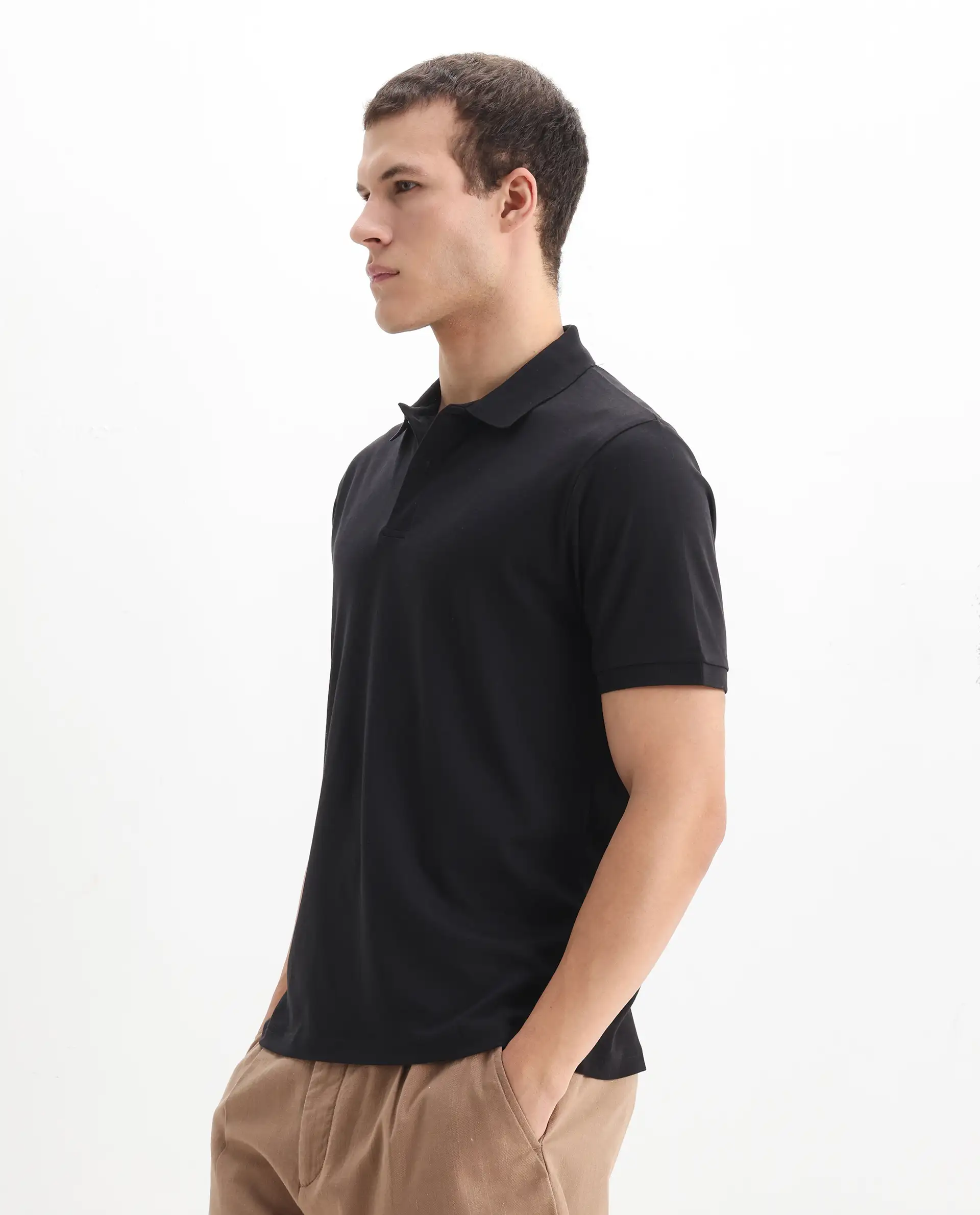 Rare Rabbit Men's Row-1 Black Cotton Plain Regular Fit Half Sleeve Polo - Image 4