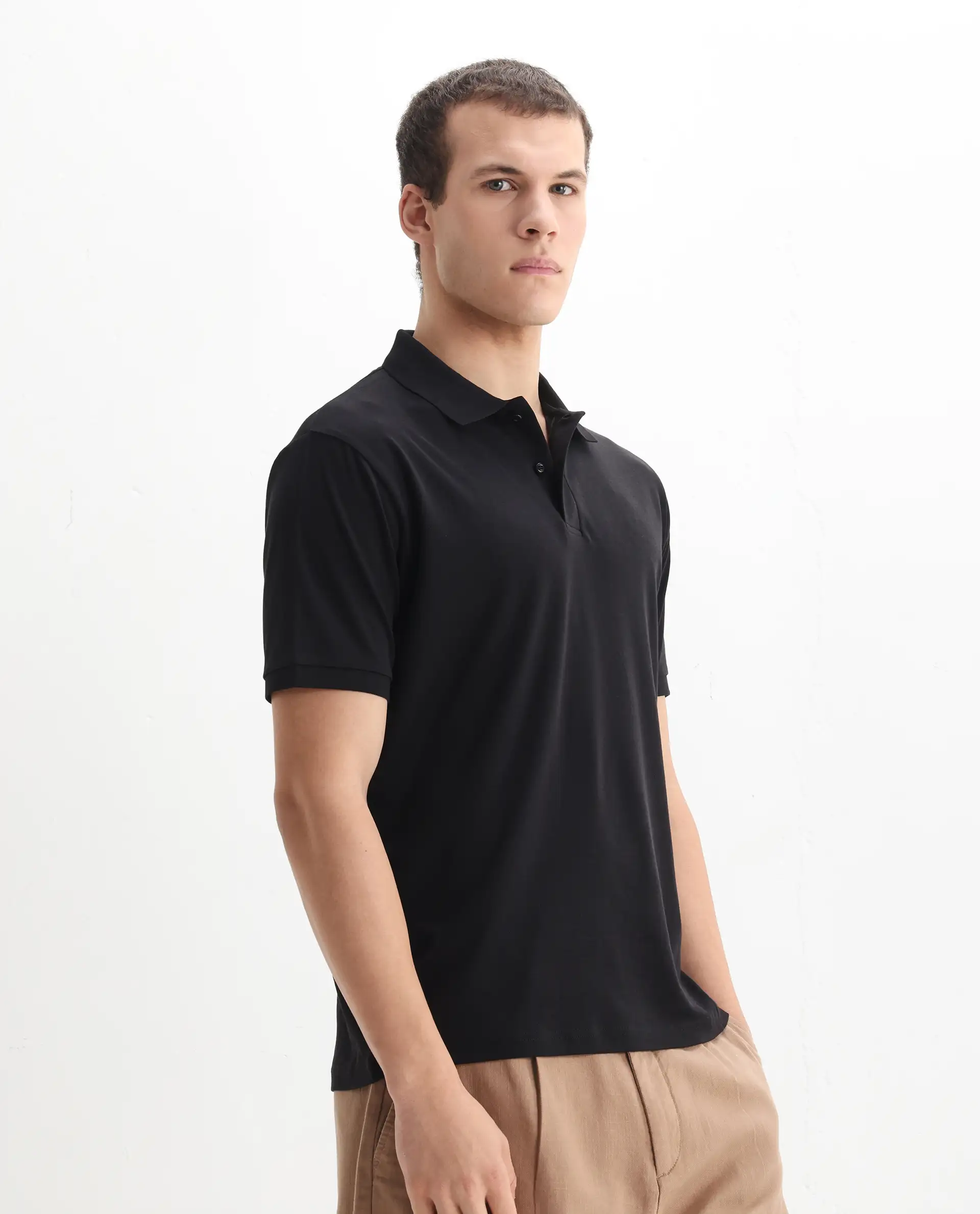 Rare Rabbit Men's Row-1 Black Cotton Plain Regular Fit Half Sleeve Polo - Image 5