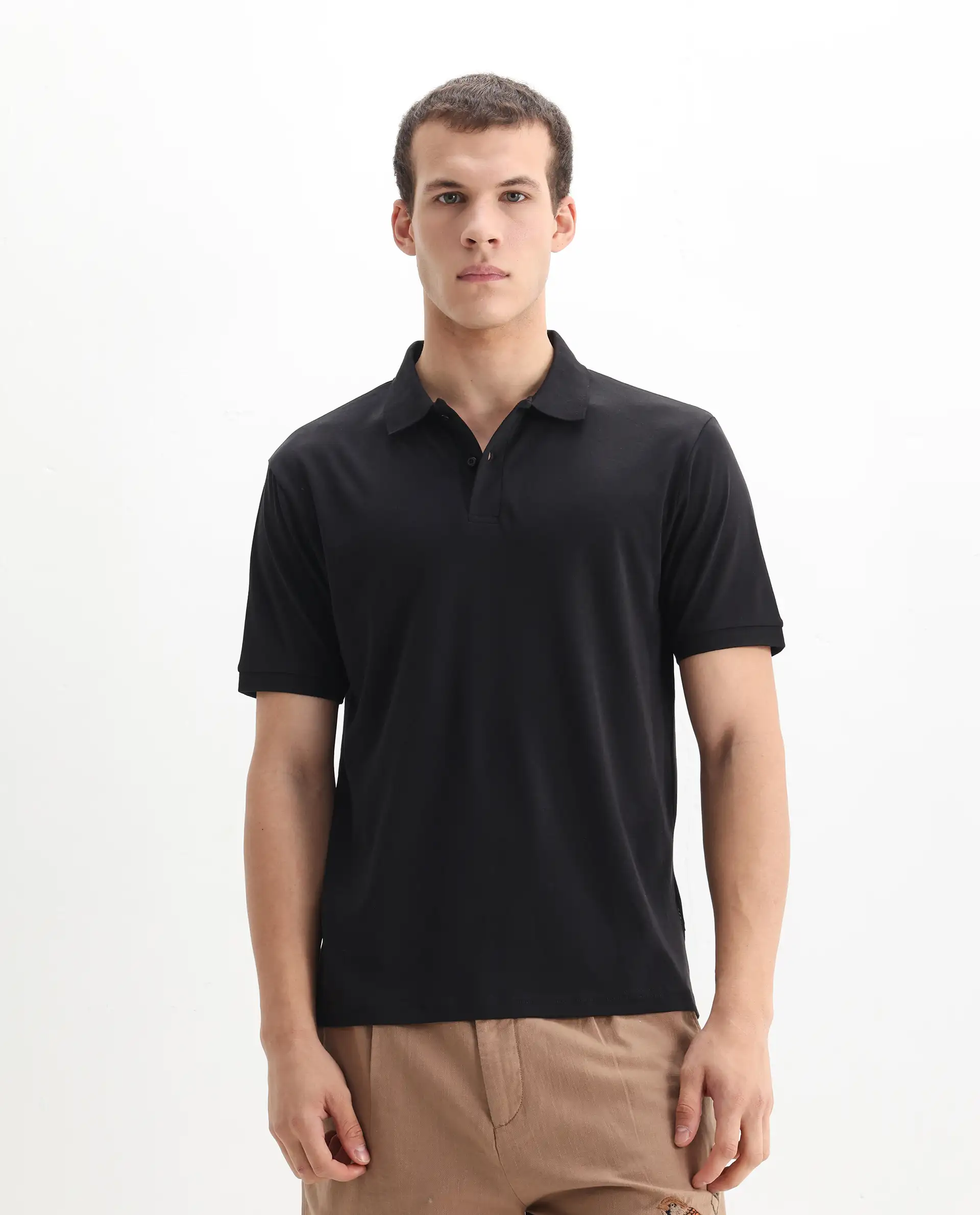 Rare Rabbit Men's Row-1 Black Cotton Plain Regular Fit Half Sleeve Polo - Image 6