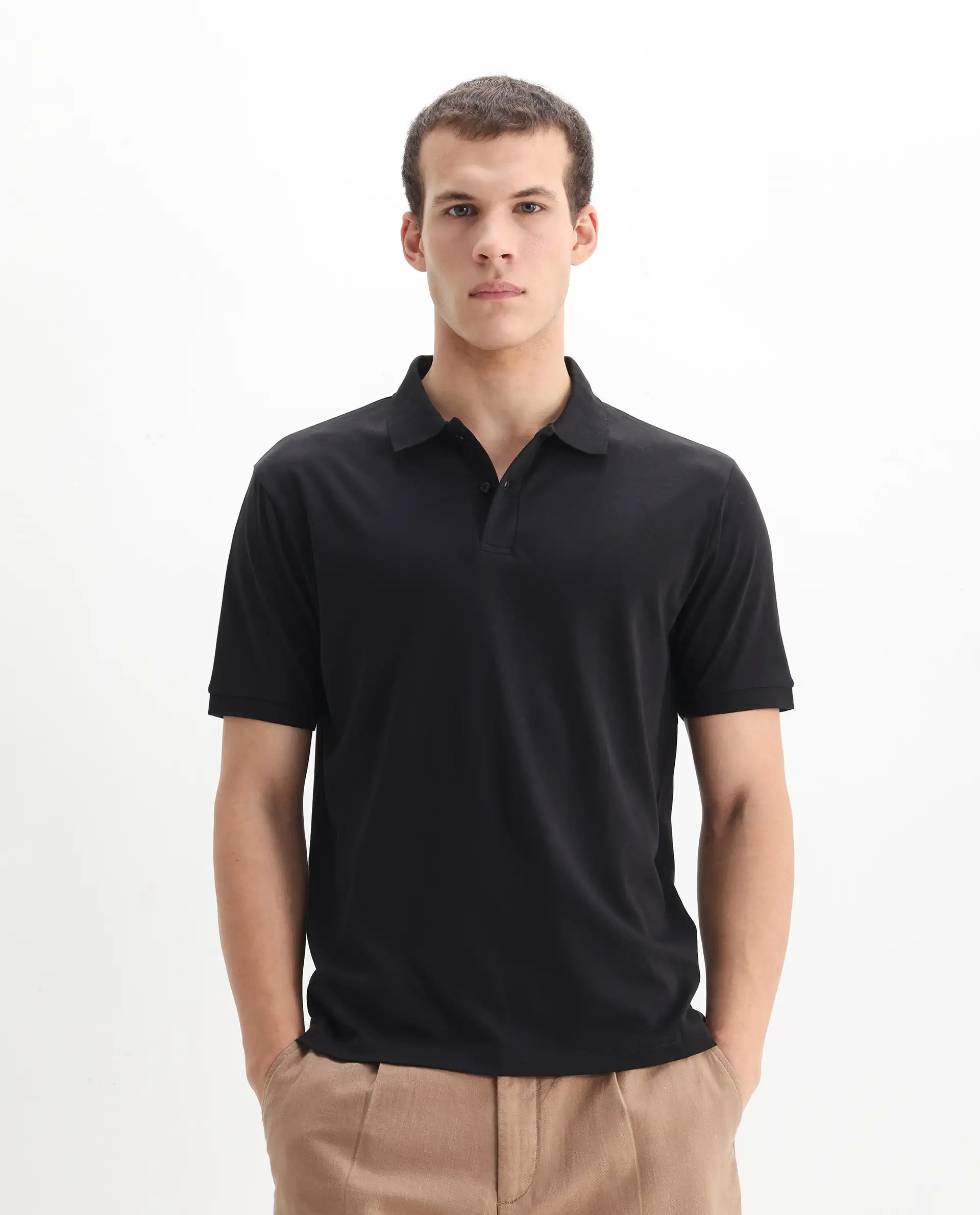 Rare Rabbit Men's Row-1 Black Cotton Plain Regular Fit Half Sleeve Polo - Image 7