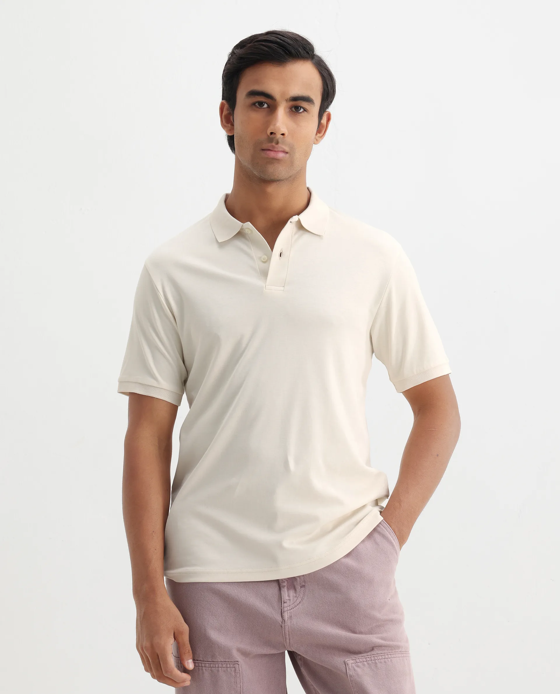 Rare Rabbit Men's Row-1 Off White Cotton Plain Regular Fit Half Sleeve Polo - Image 3
