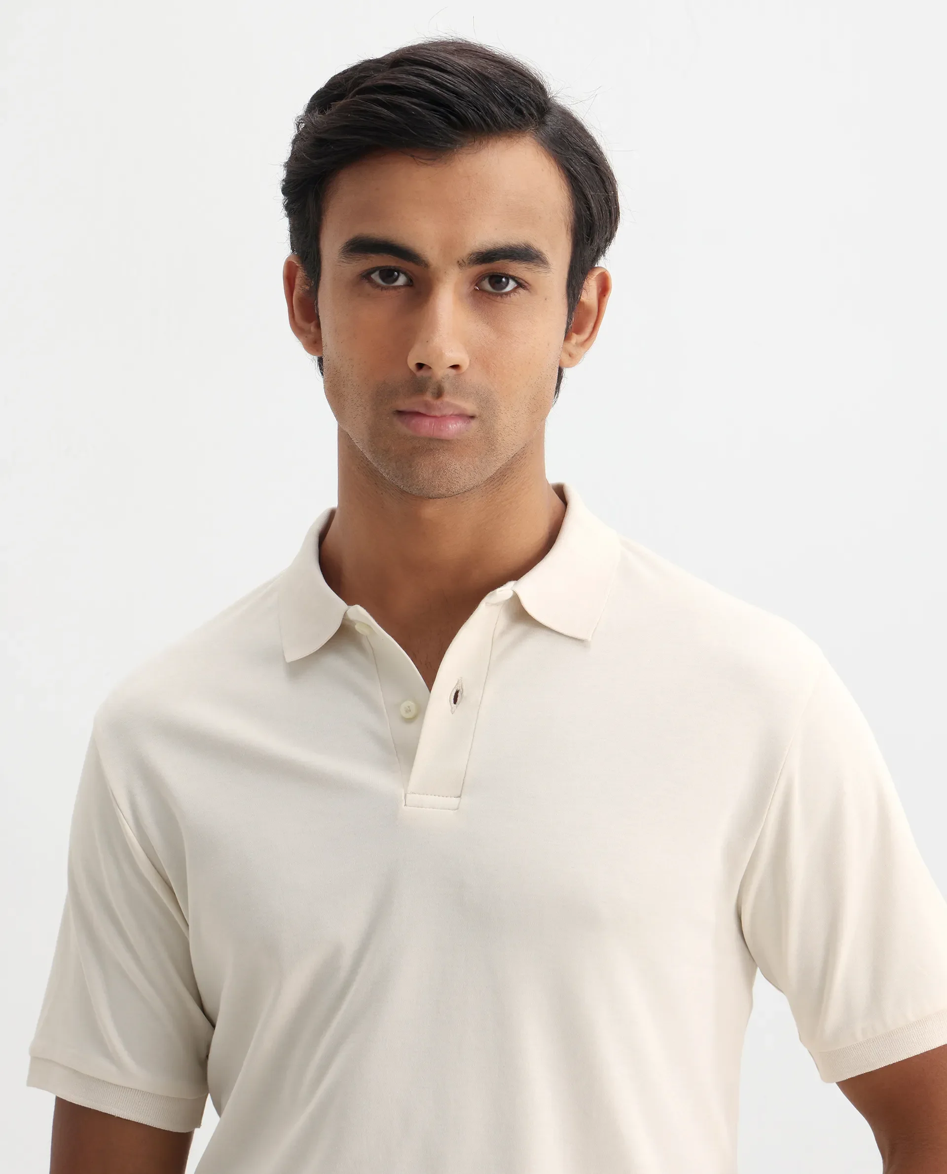 Rare Rabbit Men's Row-1 Off White Cotton Plain Regular Fit Half Sleeve Polo - Image 4
