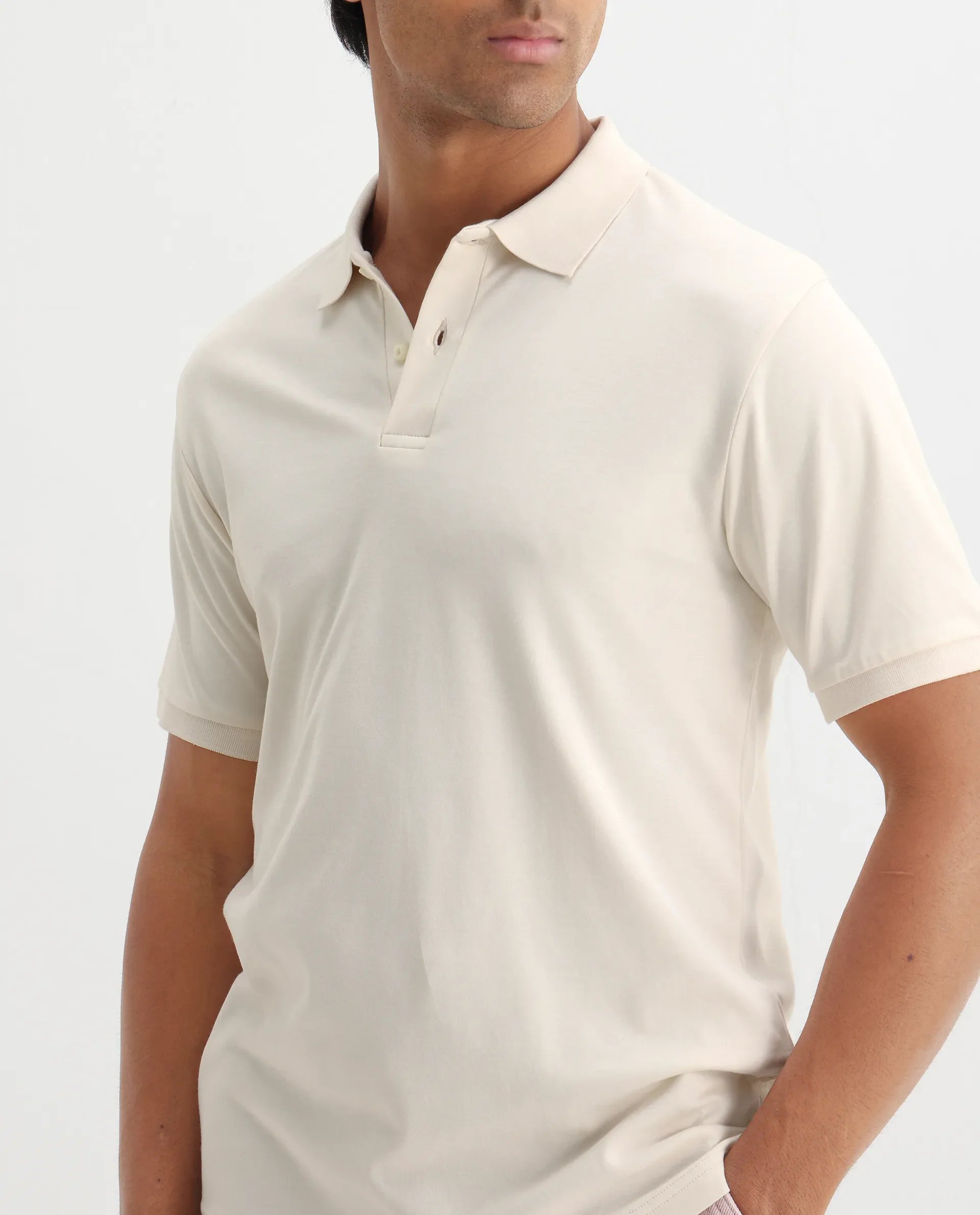 Rare Rabbit Men's Row-1 Off White Cotton Plain Regular Fit Half Sleeve Polo - Image 5