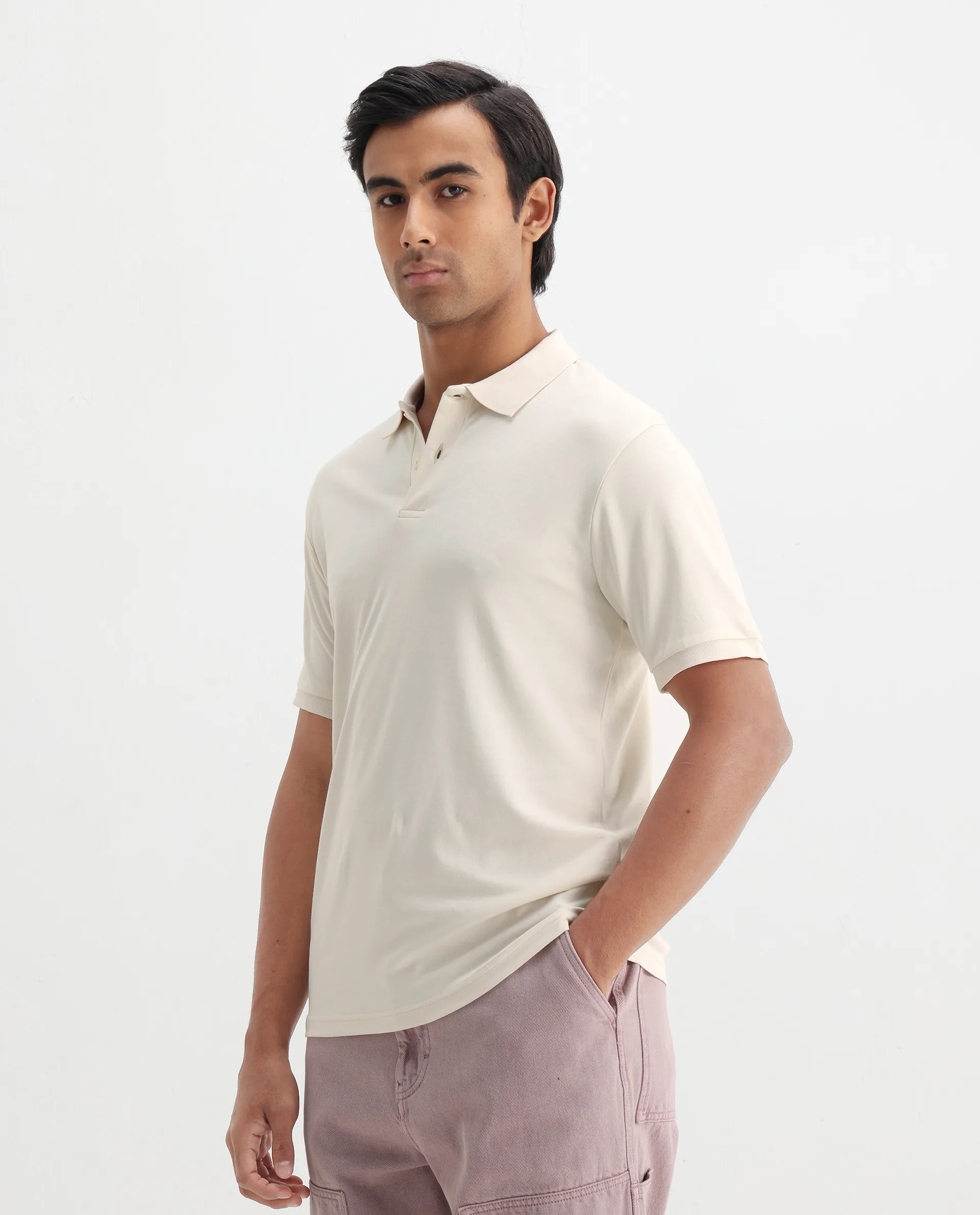 Rare Rabbit Men's Row-1 Off White Cotton Plain Regular Fit Half Sleeve Polo - Image 7