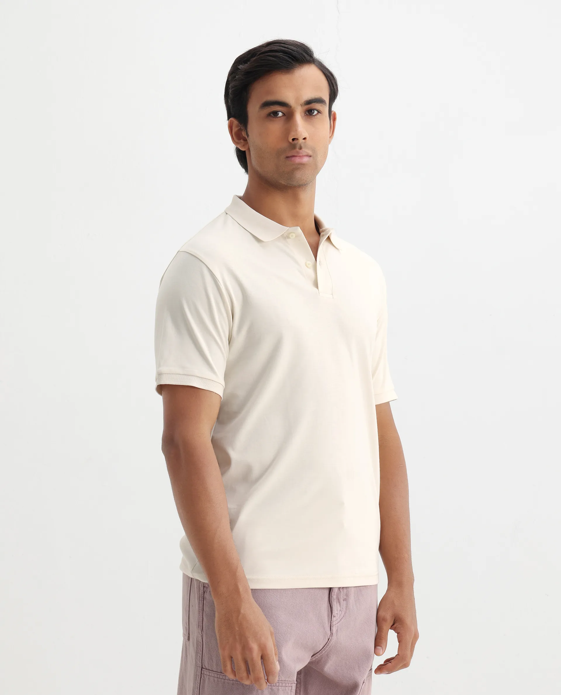 Rare Rabbit Men's Row-1 Off White Cotton Plain Regular Fit Half Sleeve Polo - Image 8