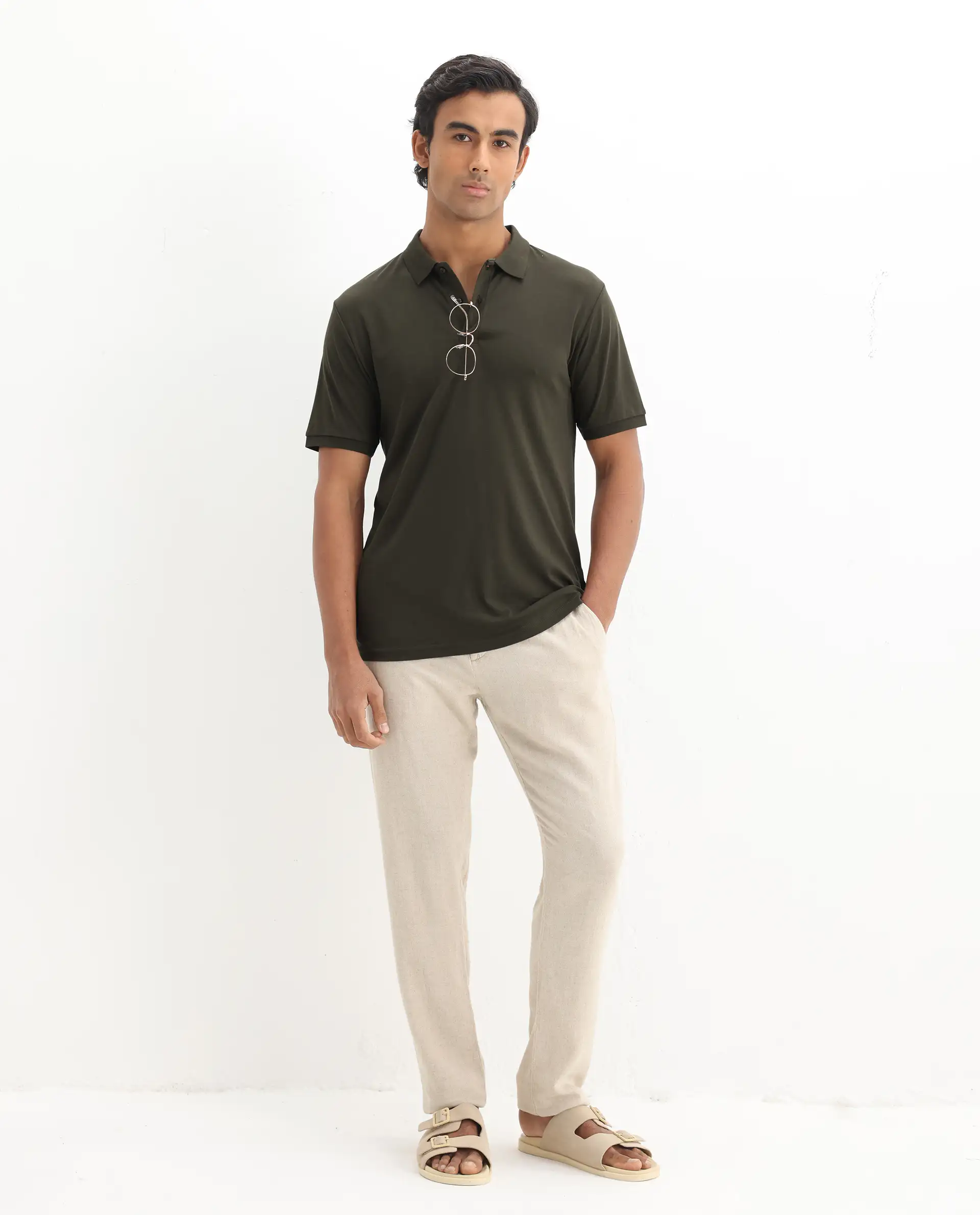 Rare Rabbit Men's Row-1 Olive Cotton Plain Regular Fit Half Sleeve Polo - Image 2