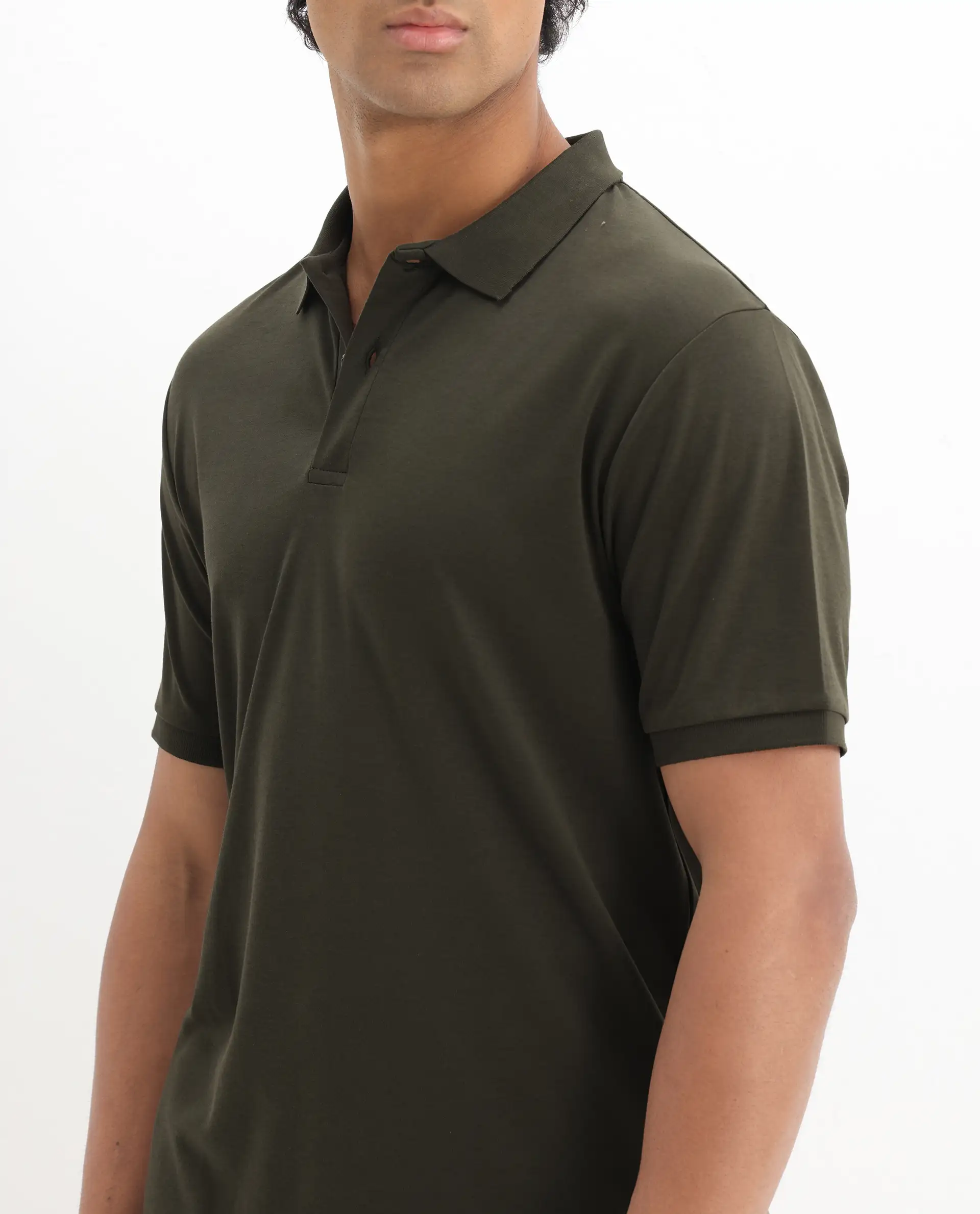 Rare Rabbit Men's Row-1 Olive Cotton Plain Regular Fit Half Sleeve Polo - Image 3