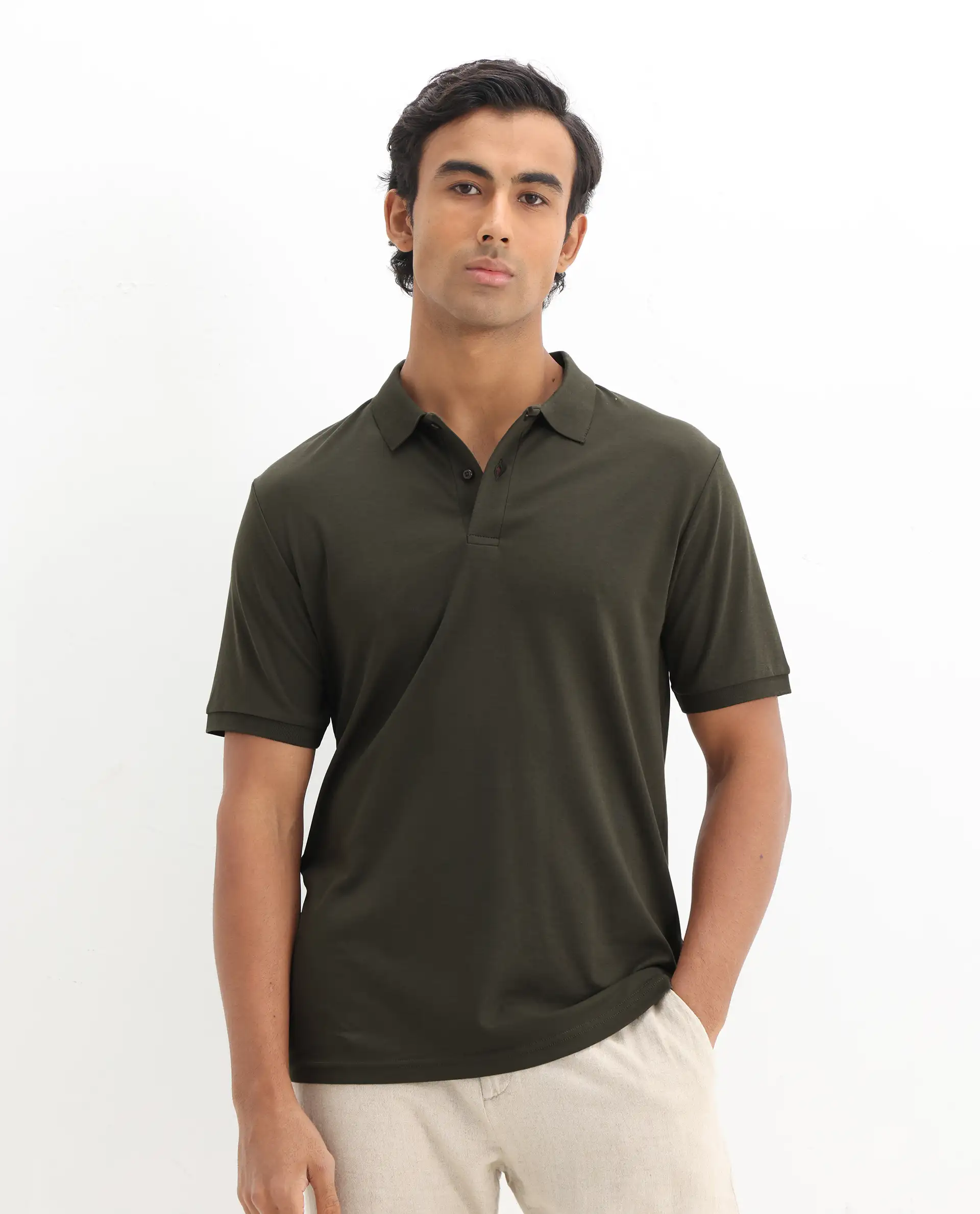 Rare Rabbit Men's Row-1 Olive Cotton Plain Regular Fit Half Sleeve Polo - Image 4