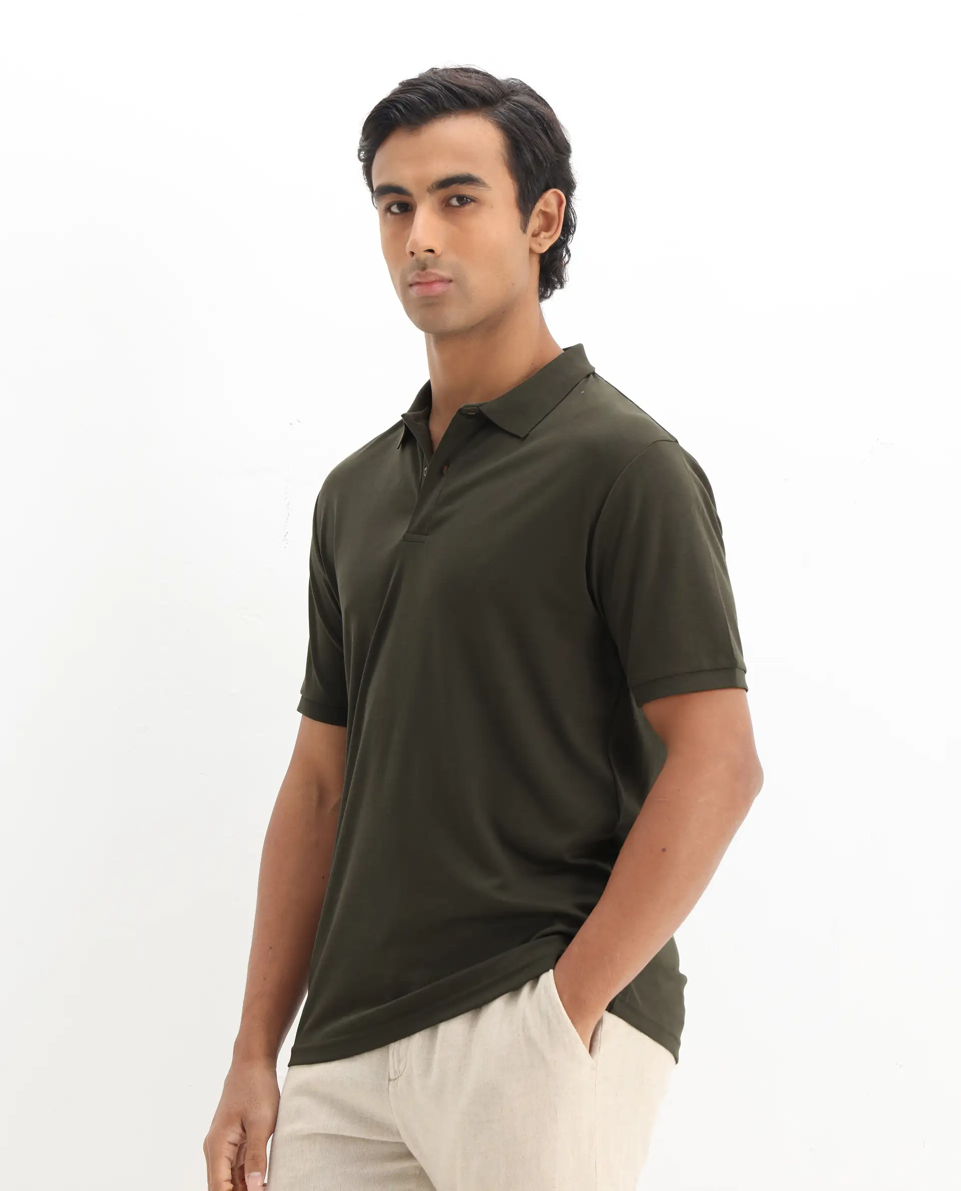 Rare Rabbit Men's Row-1 Olive Cotton Plain Regular Fit Half Sleeve Polo - Image 5