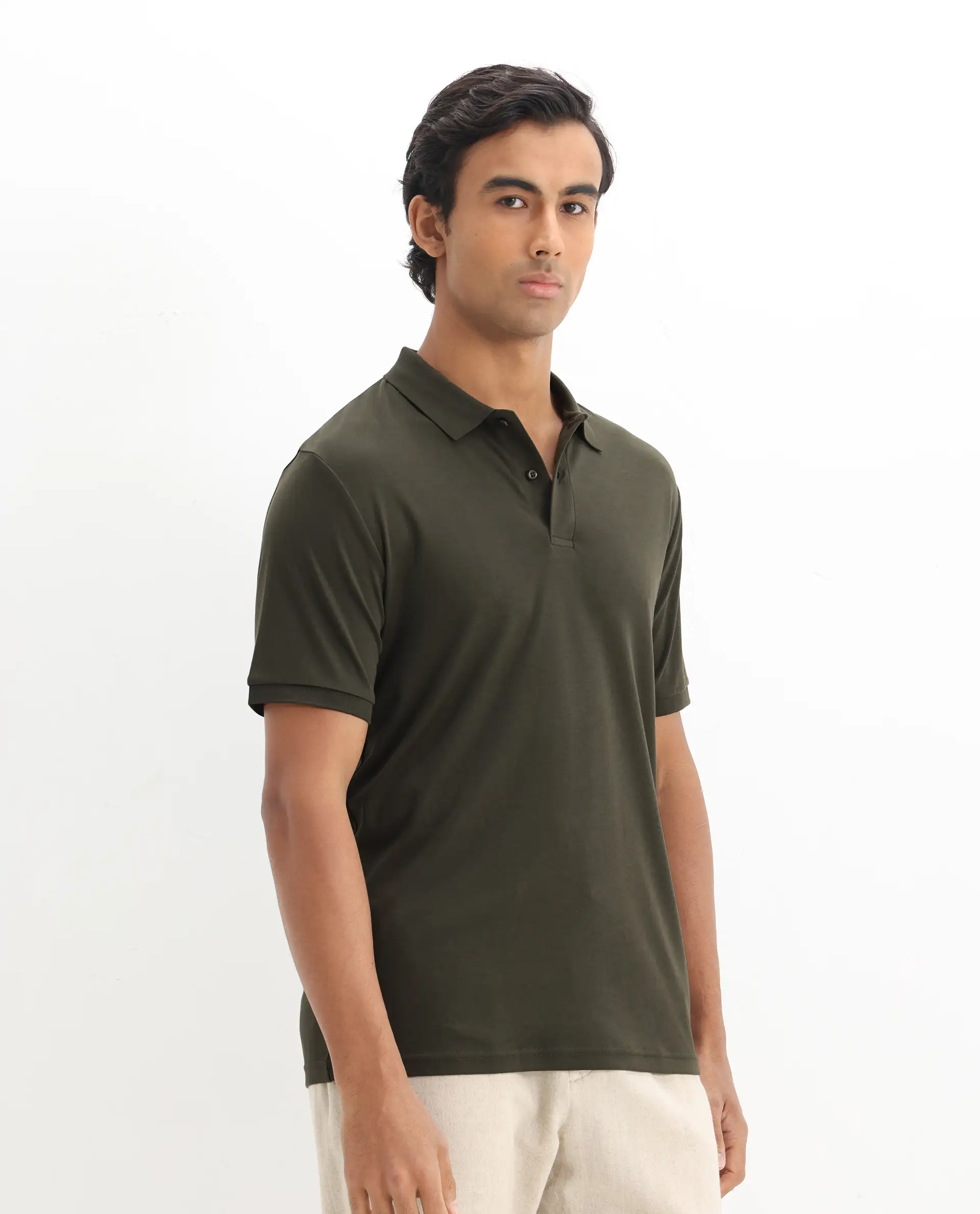 Rare Rabbit Men's Row-1 Olive Cotton Plain Regular Fit Half Sleeve Polo - Image 6