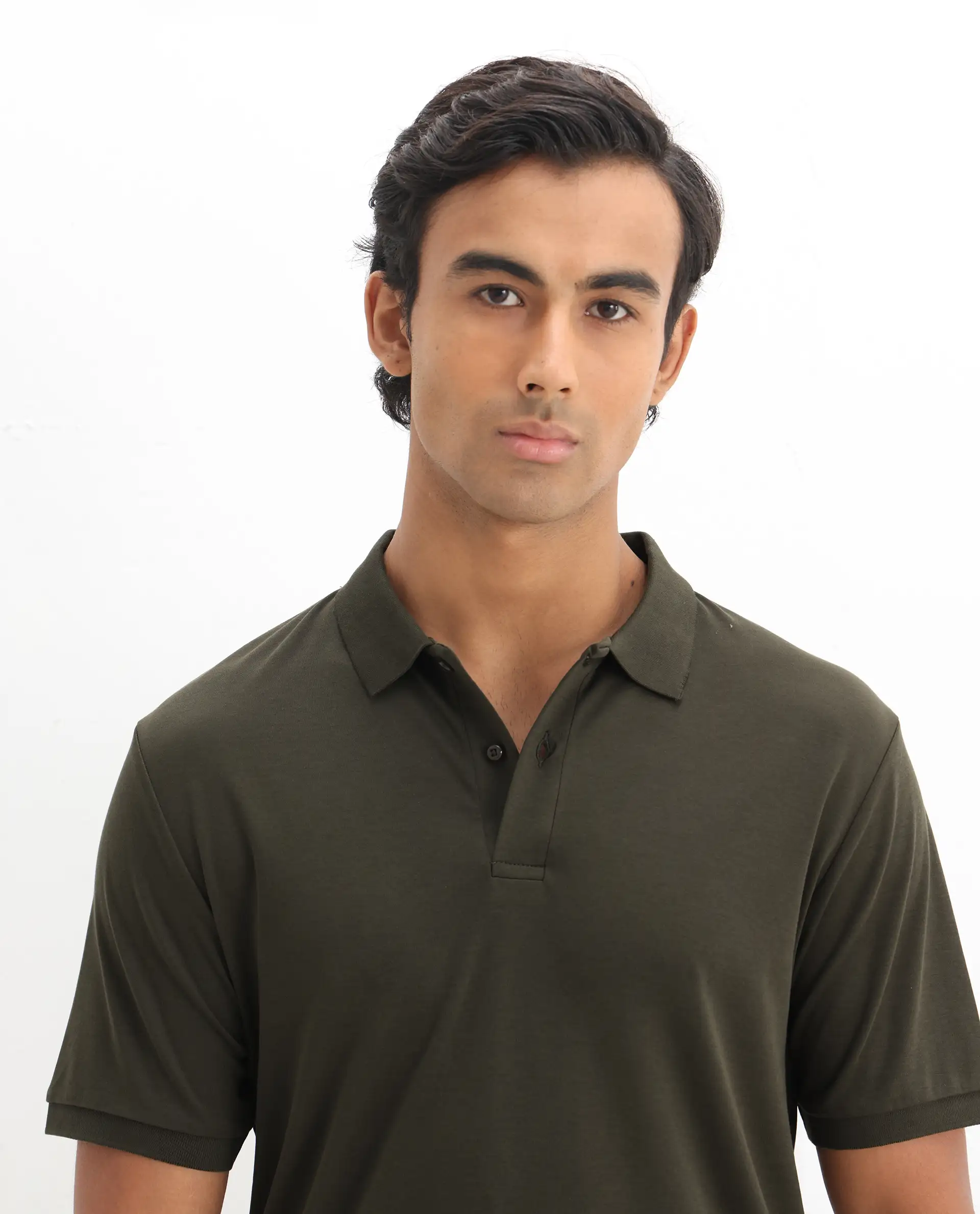 Rare Rabbit Men's Row-1 Olive Cotton Plain Regular Fit Half Sleeve Polo - Image 7