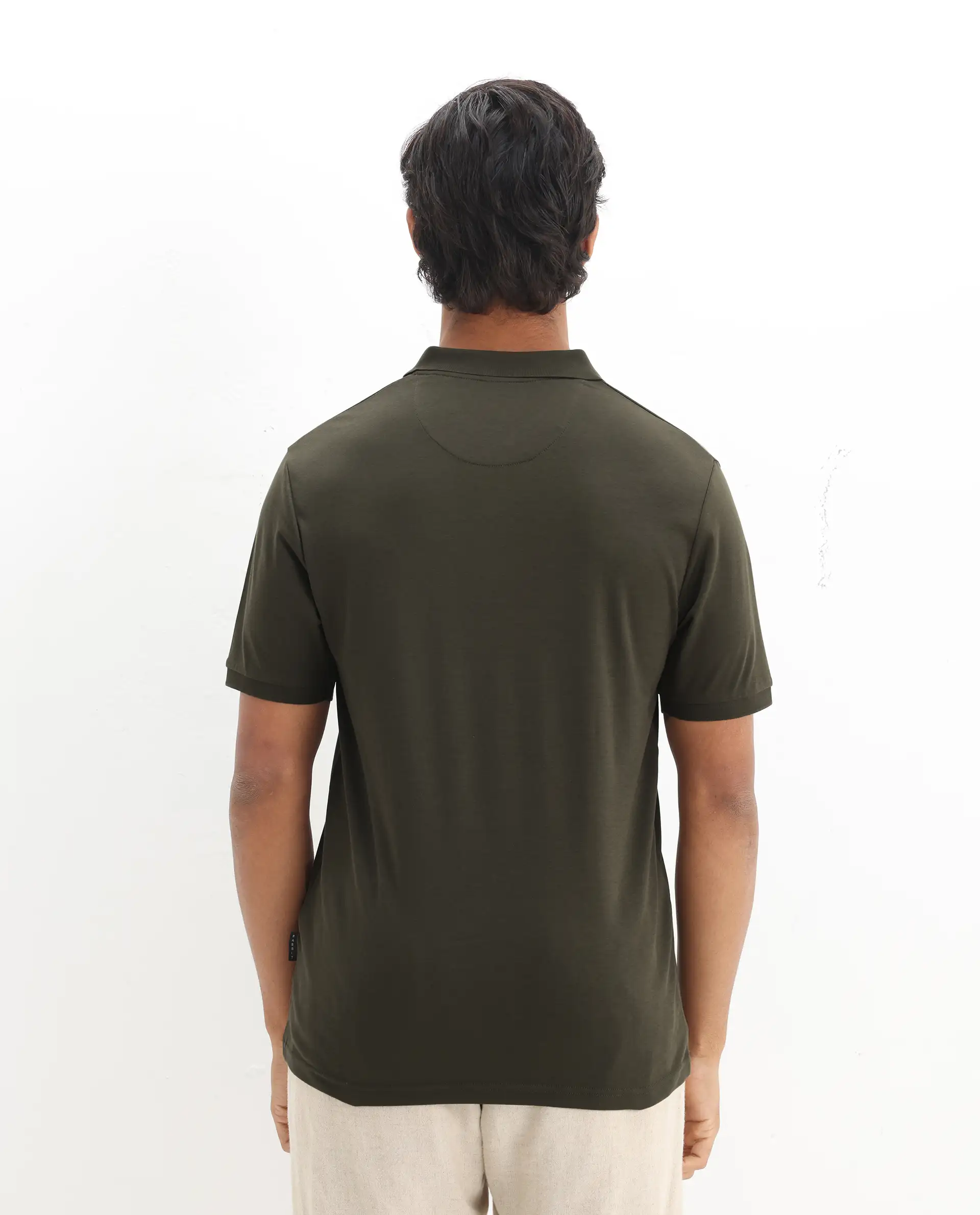 Rare Rabbit Men's Row-1 Olive Cotton Plain Regular Fit Half Sleeve Polo - Image 8