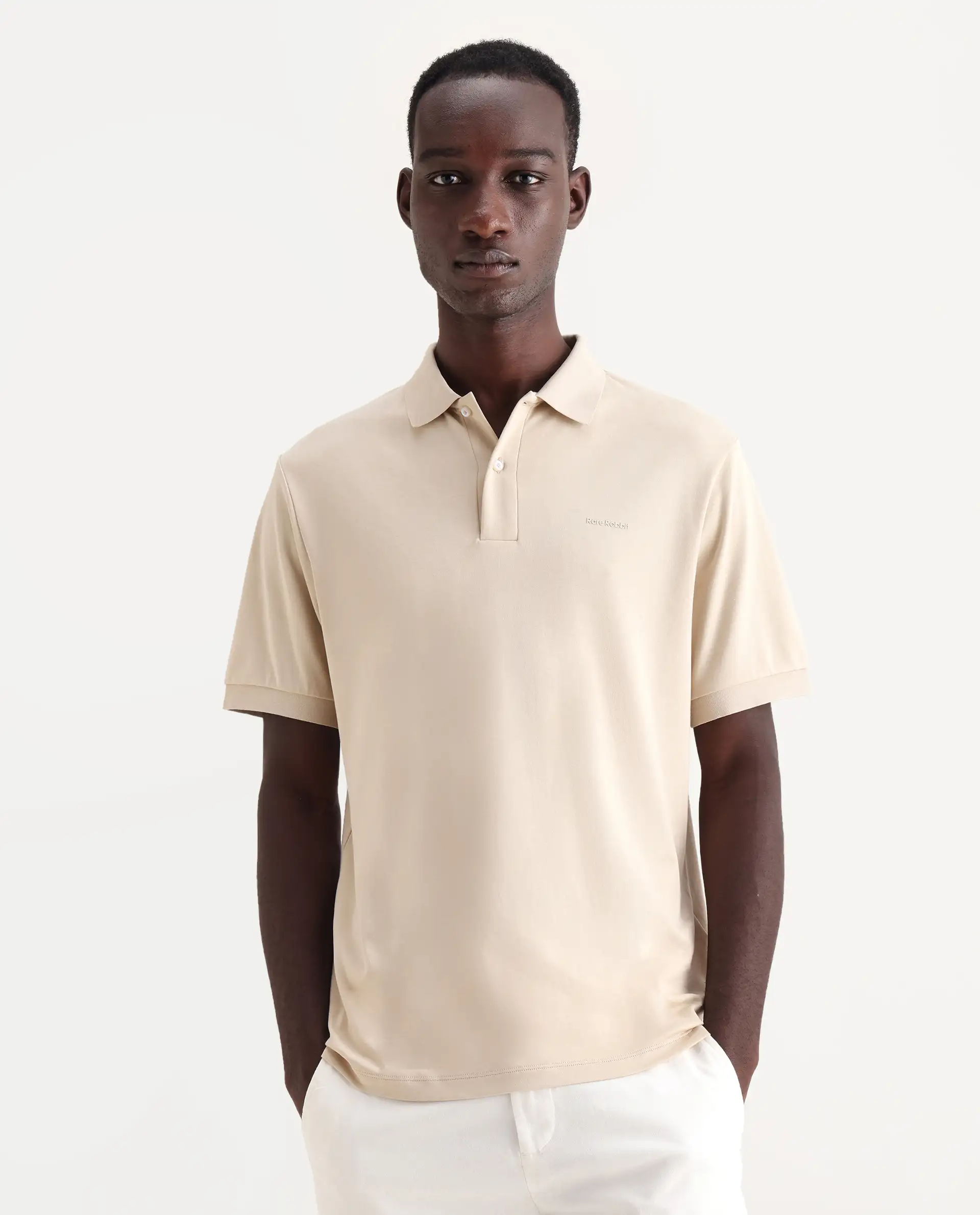 Rare Rabbit Men's Row-25 Beige Cotton Plain Regular Fit Half Sleeve Polo - Image 4