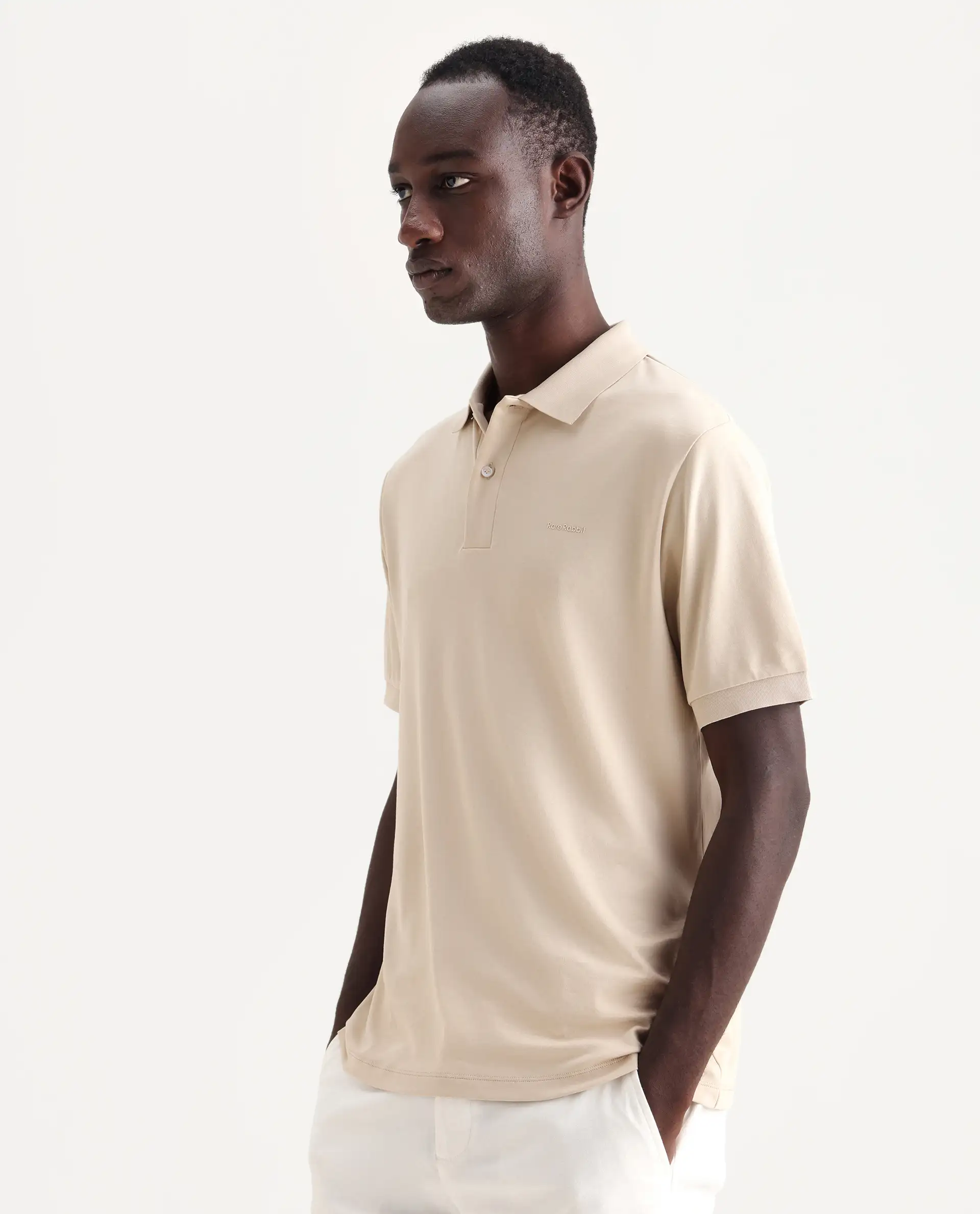 Rare Rabbit Men's Row-25 Beige Cotton Plain Regular Fit Half Sleeve Polo - Image 5