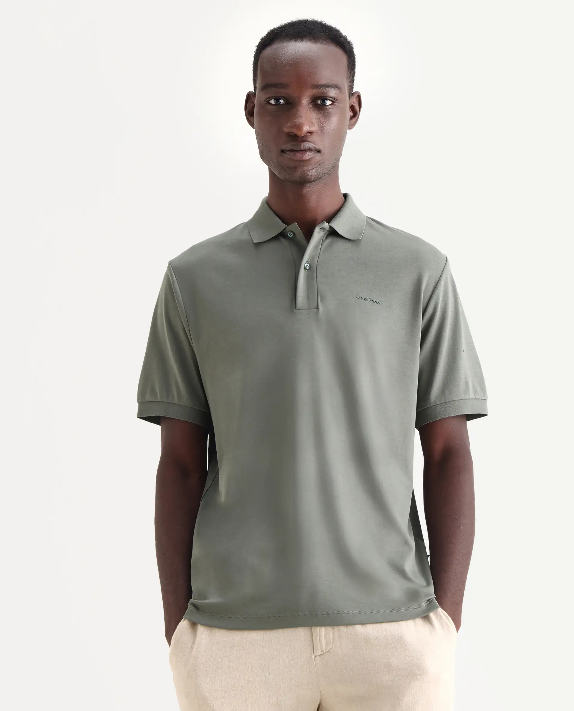Rare Rabbit Men's Row-25 Dusky Green Cotton Plain Regular Fit Half Sleeve Polo - Image 4
