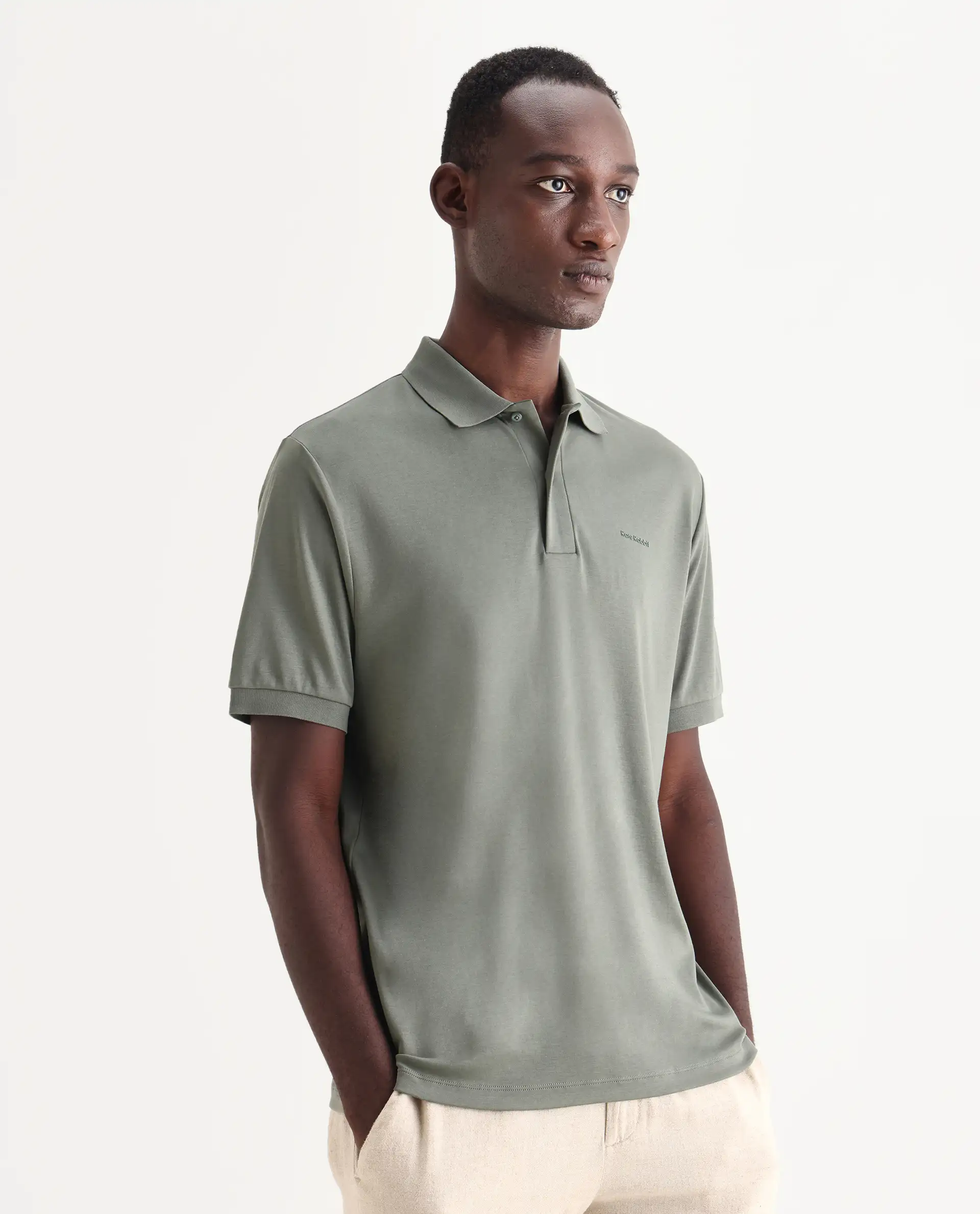 Rare Rabbit Men's Row-25 Dusky Green Cotton Plain Regular Fit Half Sleeve Polo - Image 5