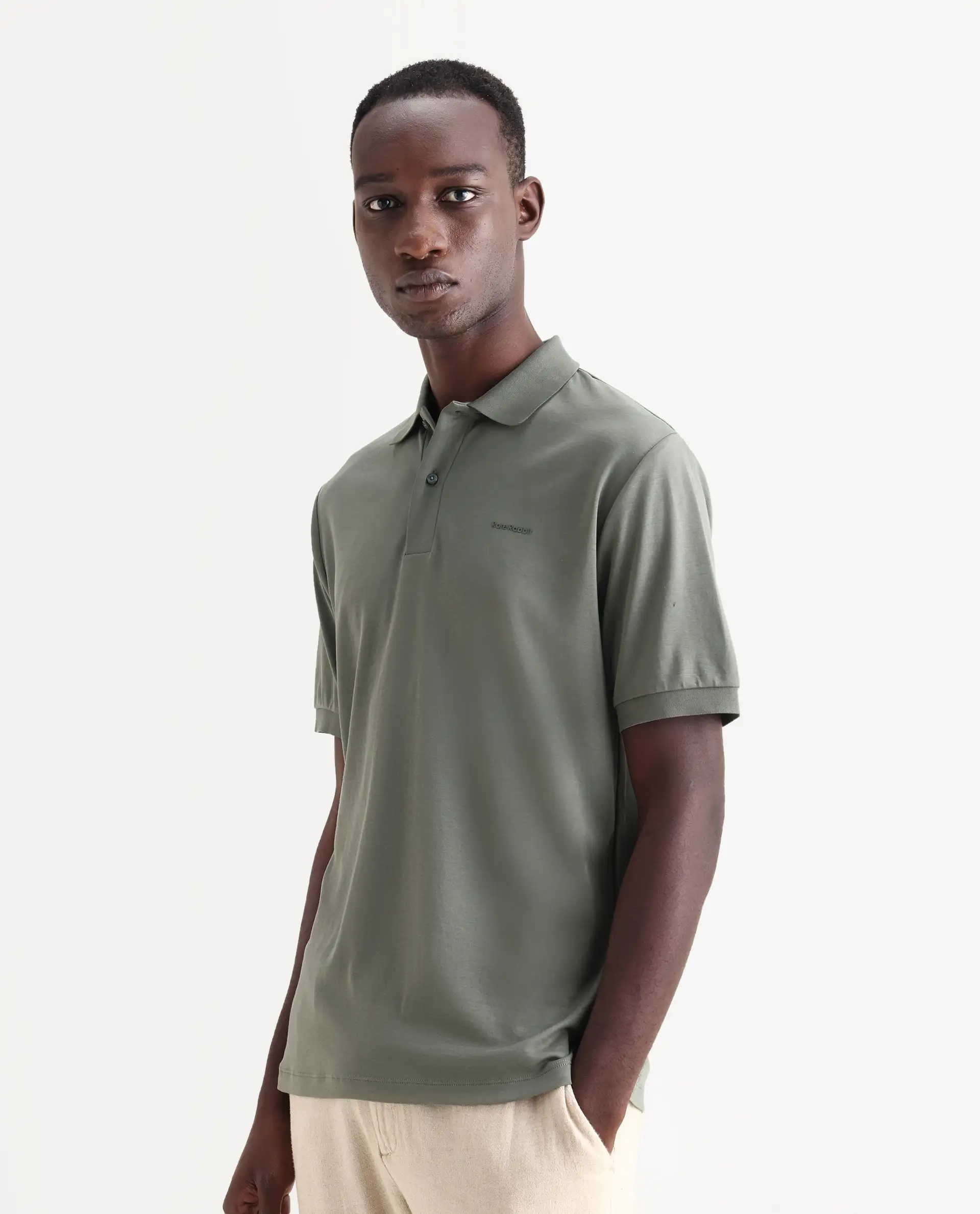 Rare Rabbit Men's Row-25 Dusky Green Cotton Plain Regular Fit Half Sleeve Polo - Image 6