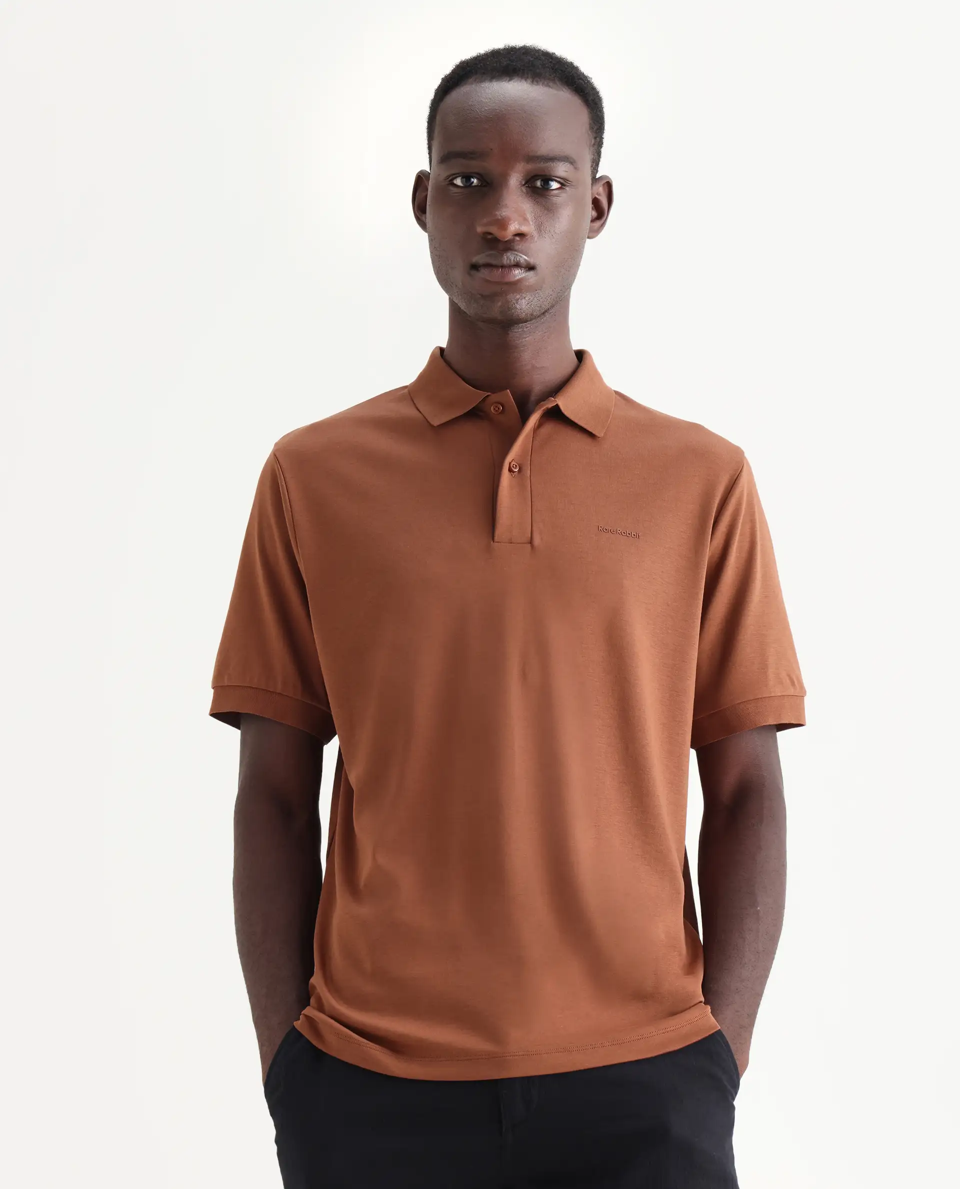 Rare Rabbit Men's Row-25 Rust Cotton Plain Regular Fit Half Sleeve Polo - Image 4
