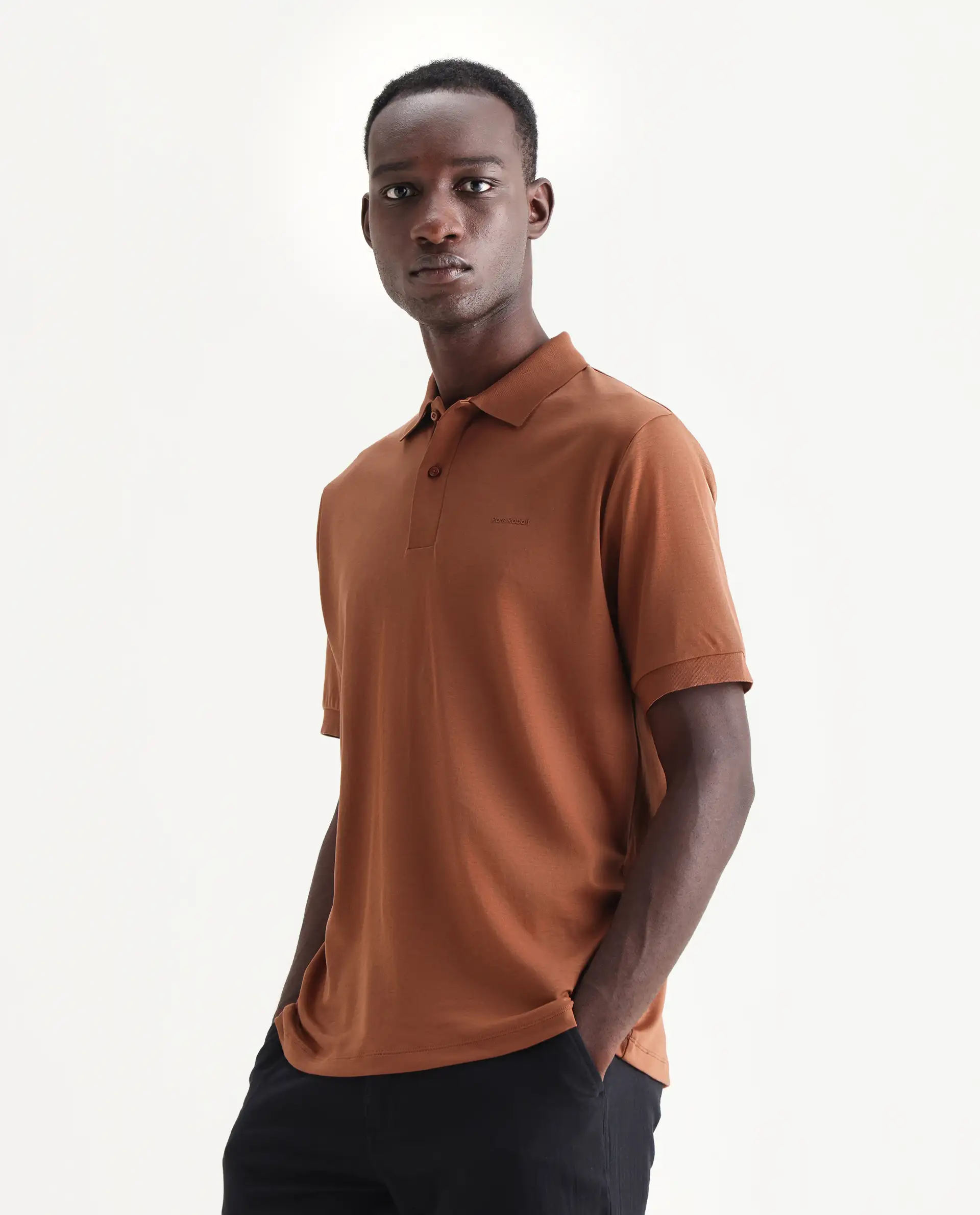 Rare Rabbit Men's Row-25 Rust Cotton Plain Regular Fit Half Sleeve Polo - Image 5