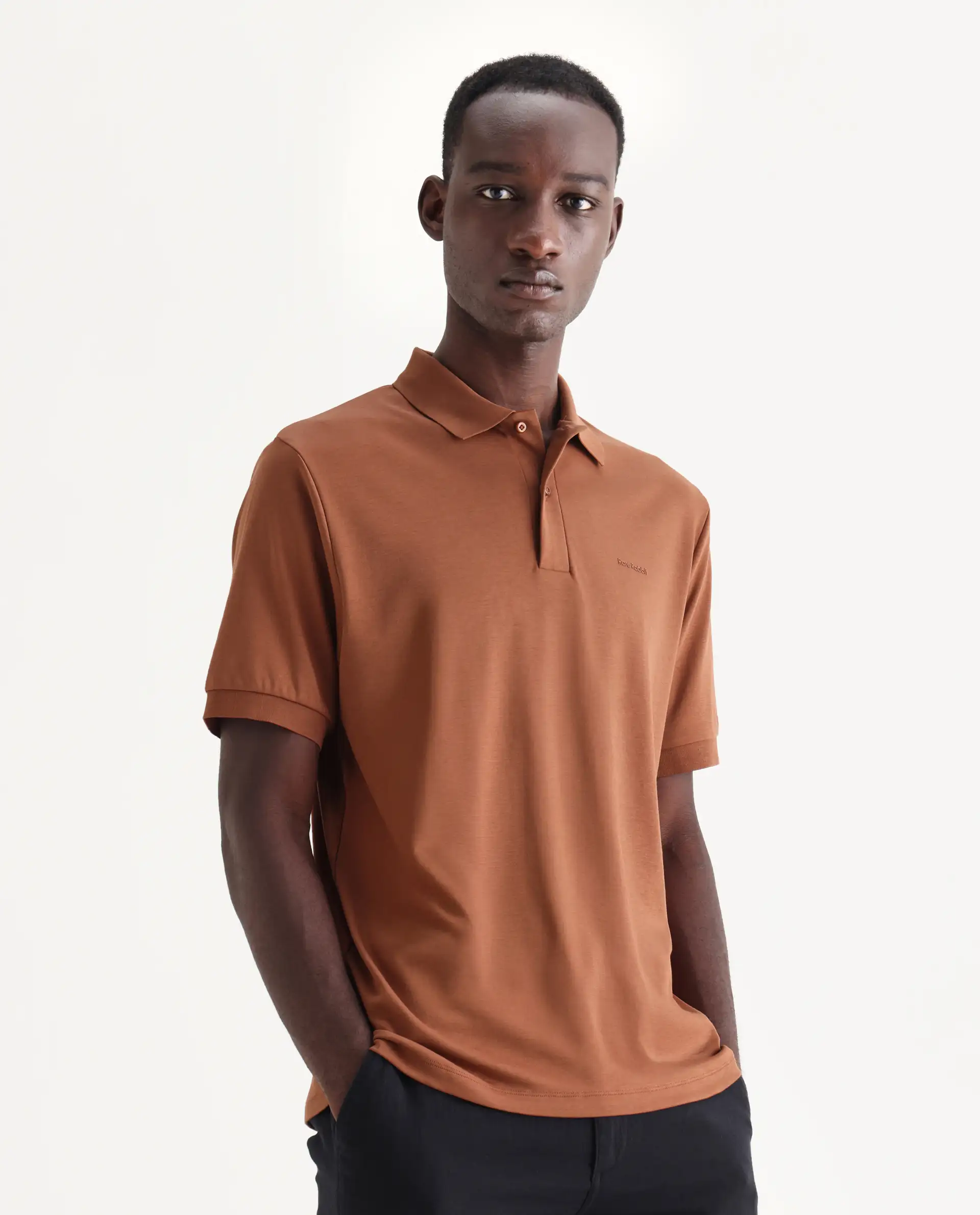 Rare Rabbit Men's Row-25 Rust Cotton Plain Regular Fit Half Sleeve Polo - Image 6