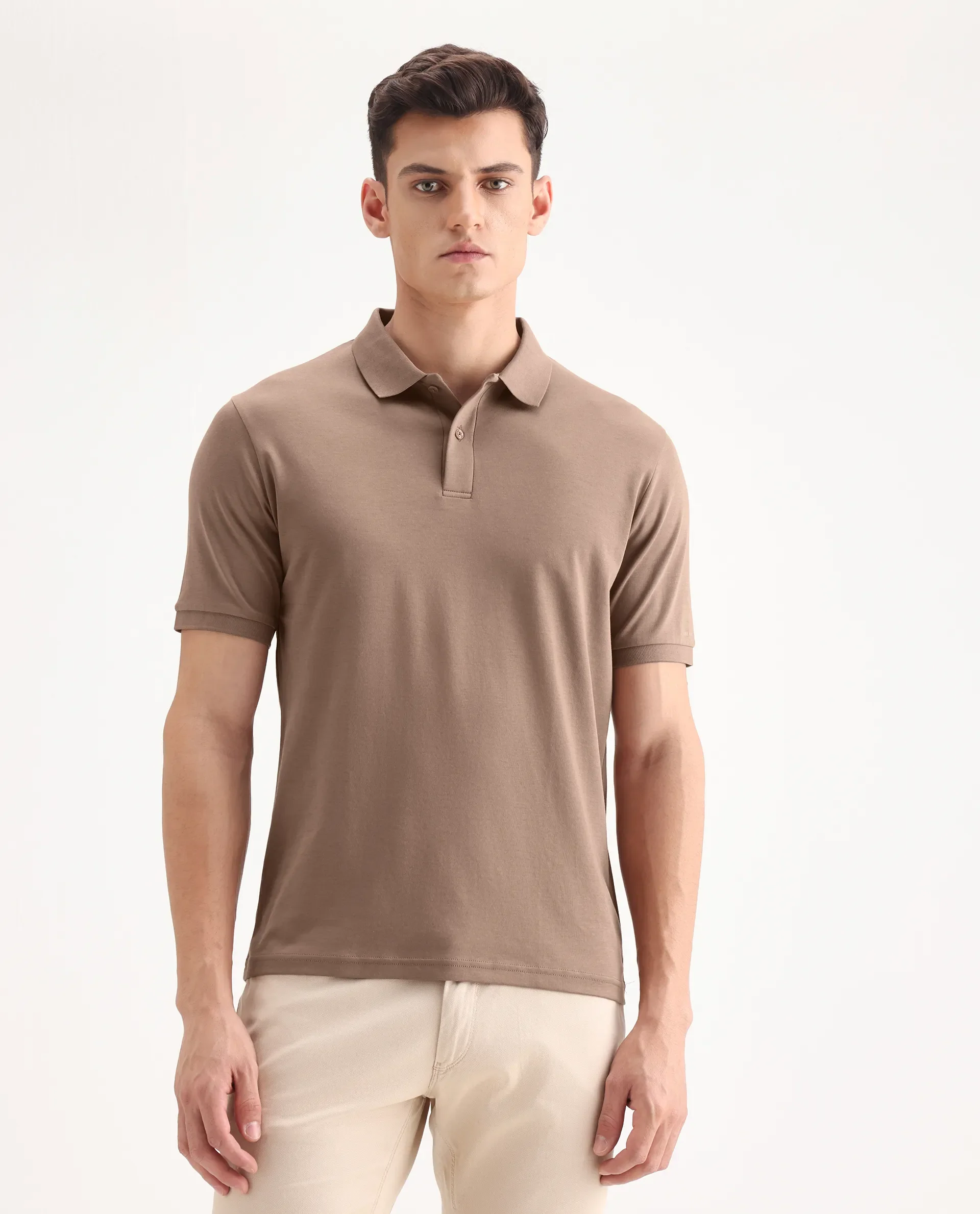 Rare Rabbit Men's Row Dusky Brown Cotton Plain Regular Fit Half Sleeve Polo - Image 4