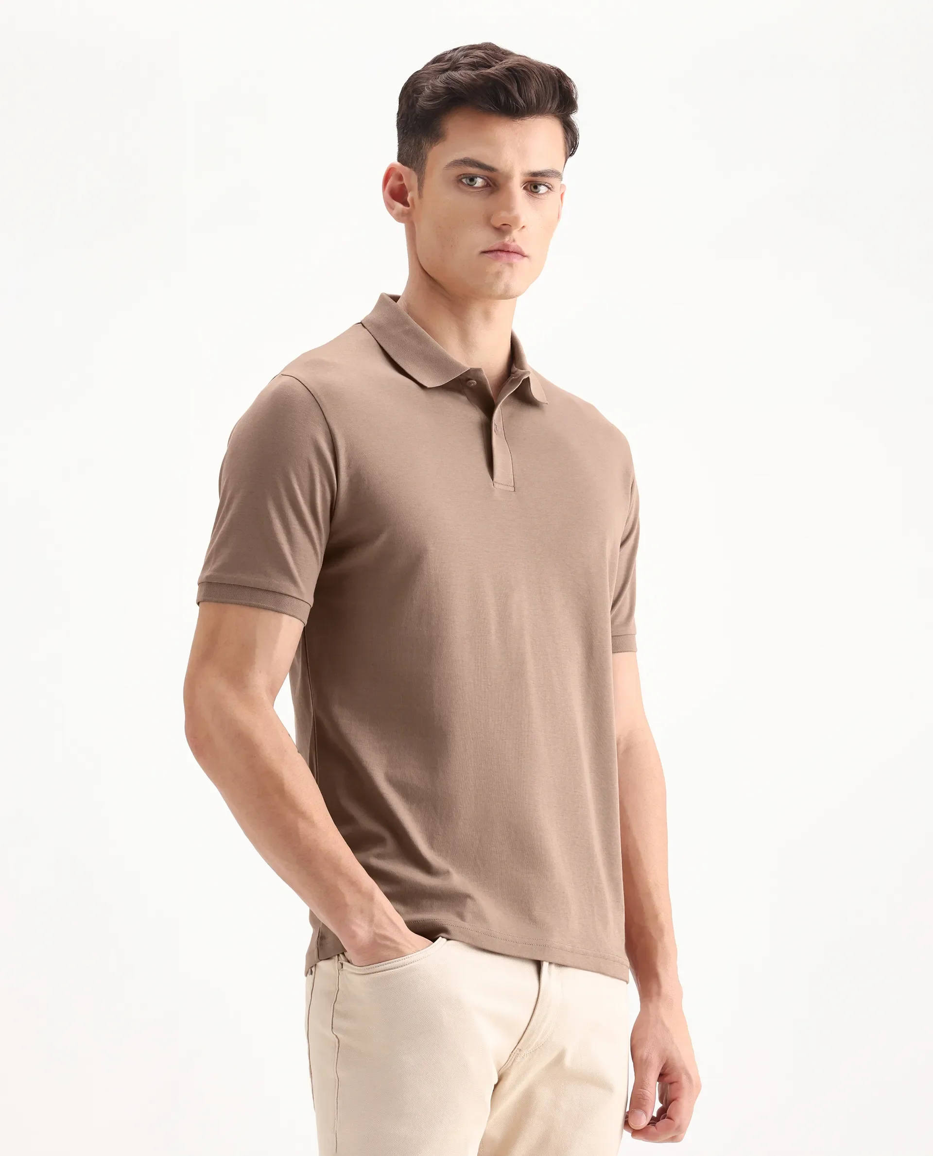 Rare Rabbit Men's Row Dusky Brown Cotton Plain Regular Fit Half Sleeve Polo - Image 5
