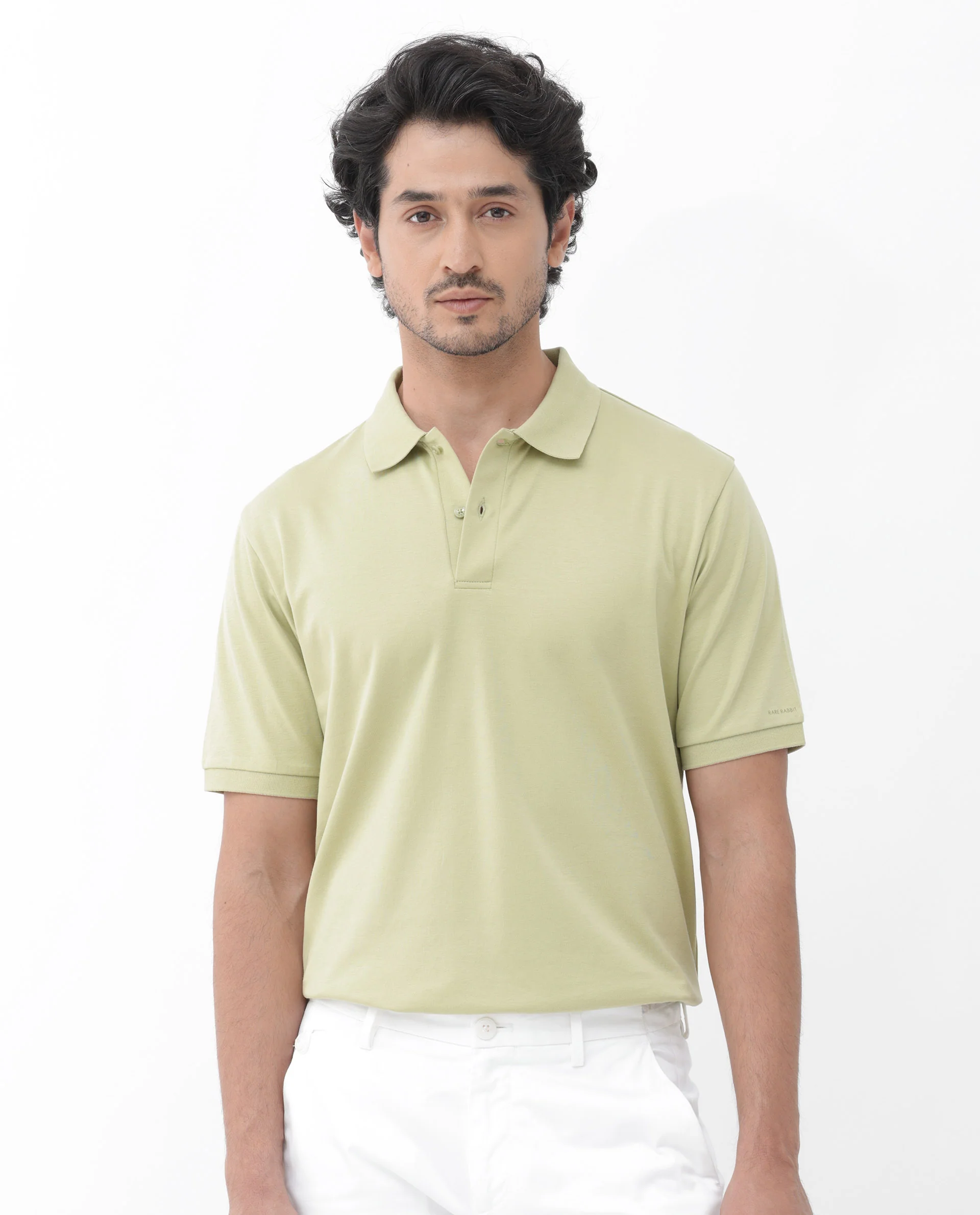 Rare Rabbit Men's Row Dusky Green Cotton Plain Regular Fit Half Sleeve Polo