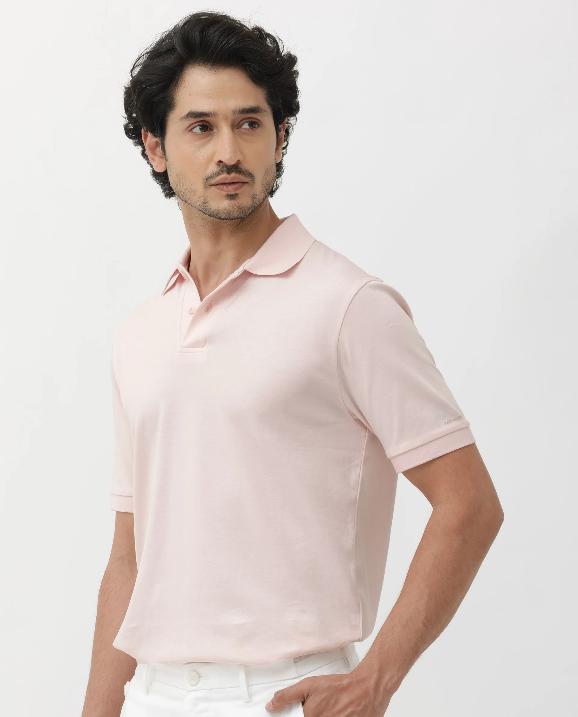 Rare Rabbit Men's Row Pastel Pink Cotton Plain Regular Fit Half Sleeve Polo - Image 2