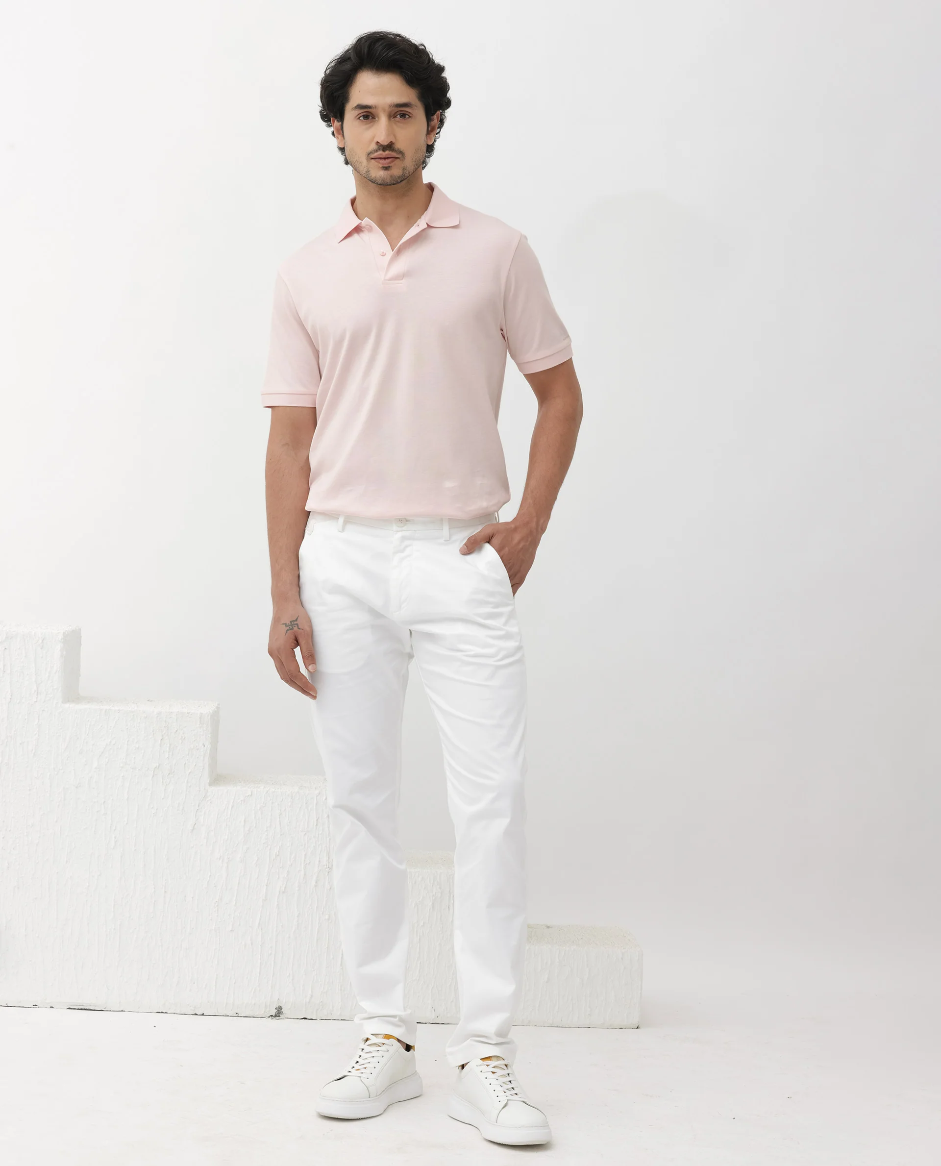 Rare Rabbit Men's Row Pastel Pink Cotton Plain Regular Fit Half Sleeve Polo - Image 3