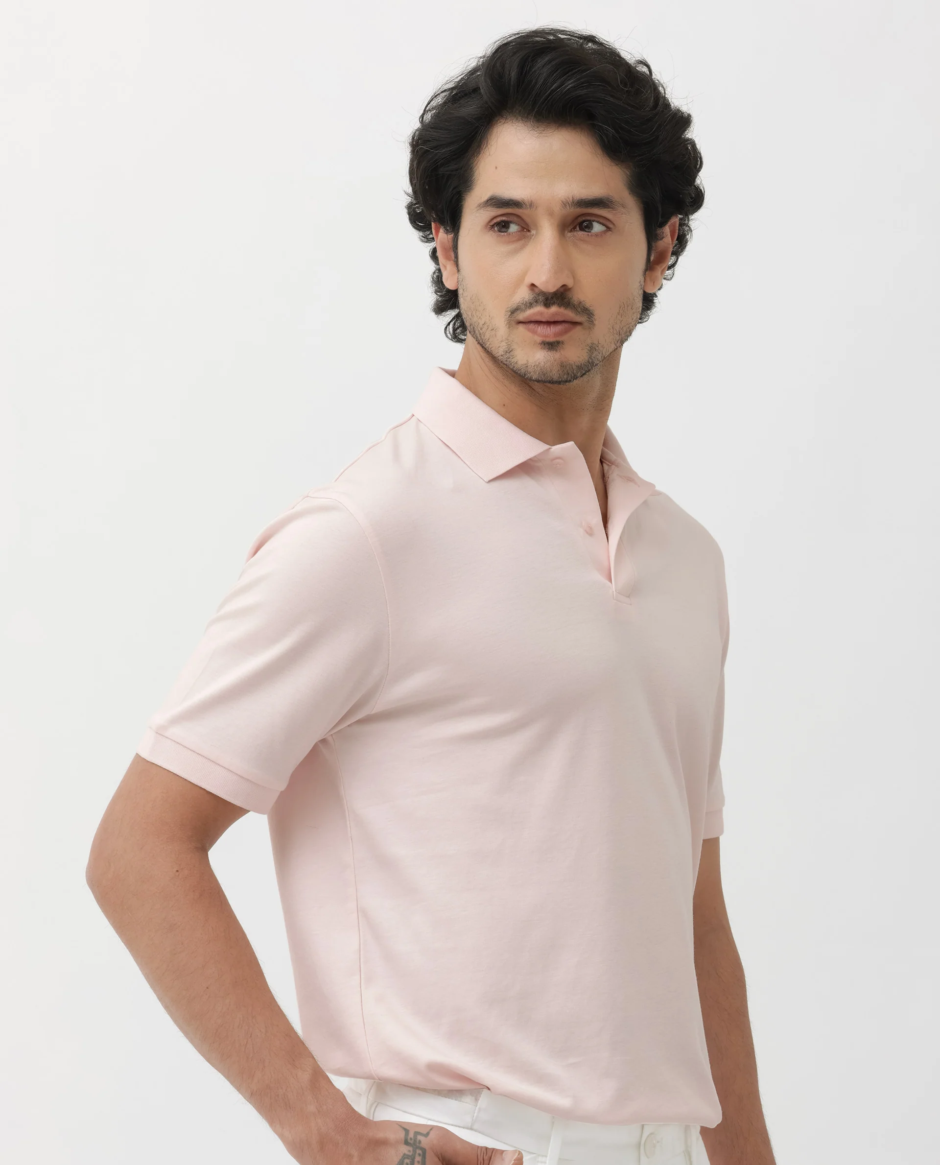 Rare Rabbit Men's Row Pastel Pink Cotton Plain Regular Fit Half Sleeve Polo - Image 4