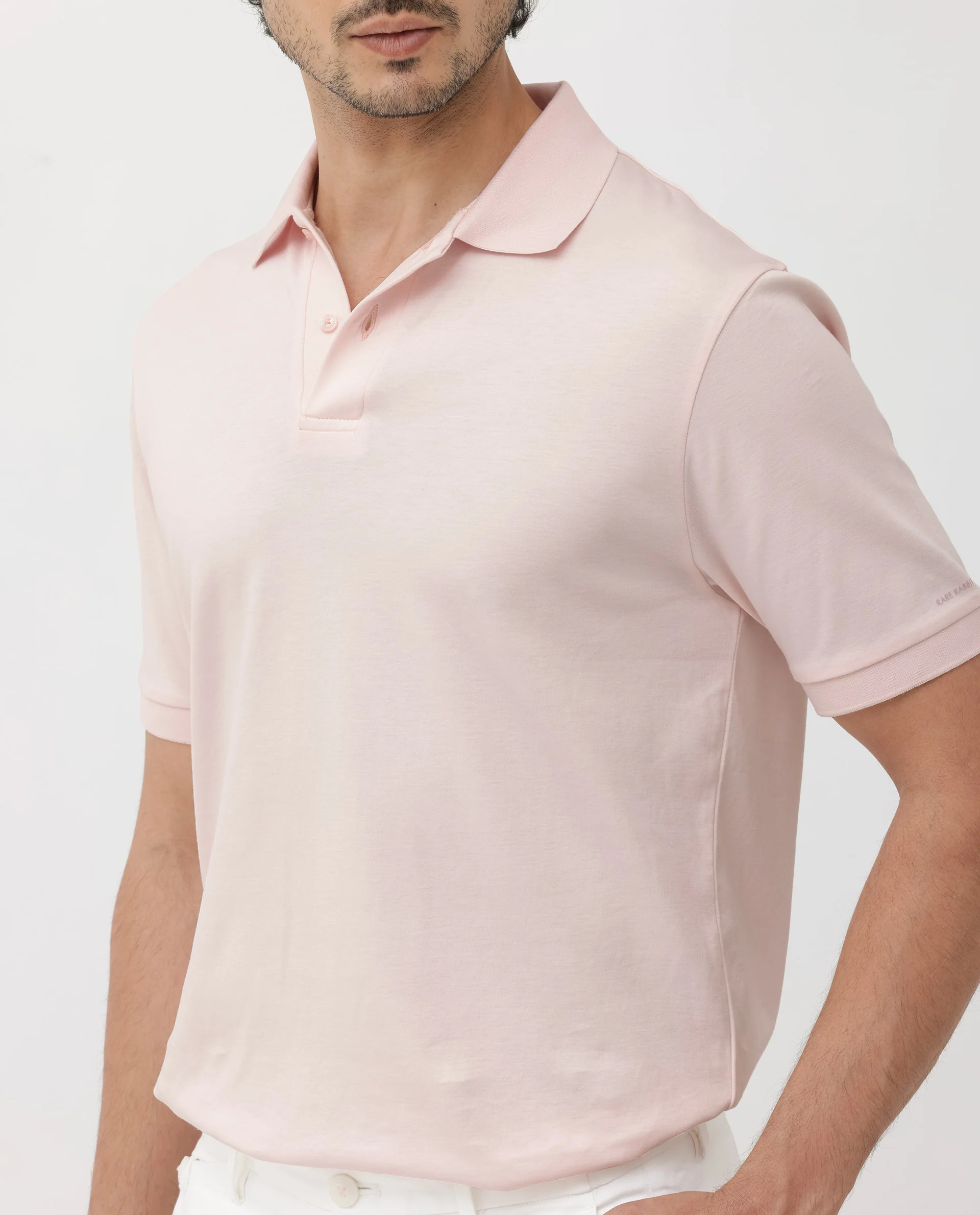 Rare Rabbit Men's Row Pastel Pink Cotton Plain Regular Fit Half Sleeve Polo - Image 5
