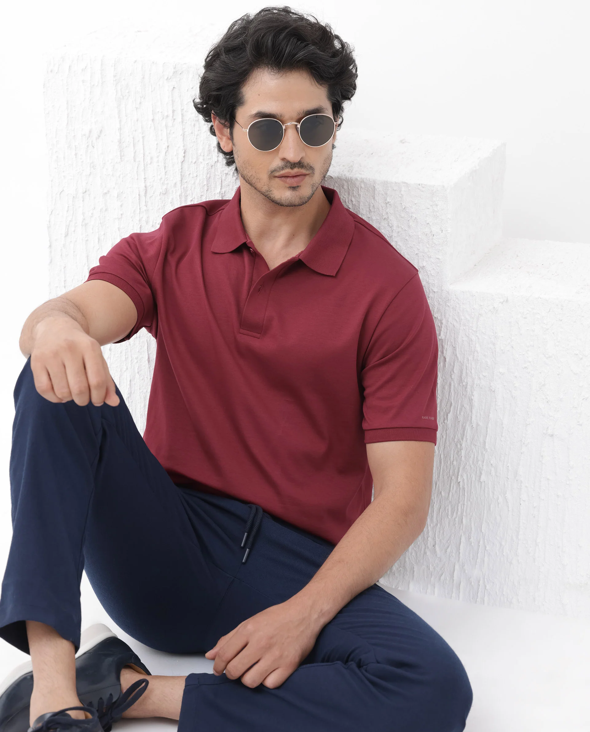 Rare Rabbit Men's Row Red Cotton Plain Regular Fit Half Sleeve Polo - Image 3