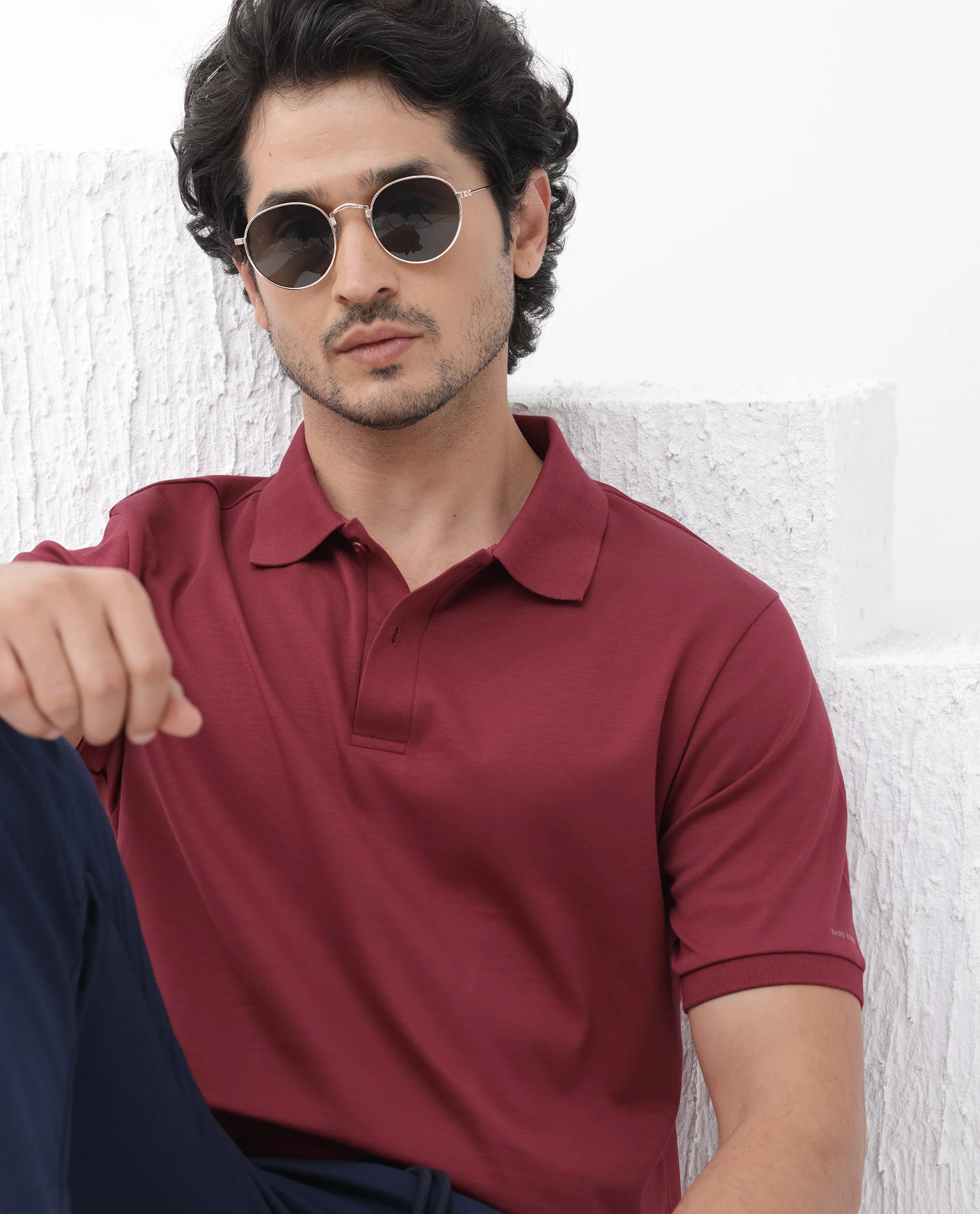 Rare Rabbit Men's Row Red Cotton Plain Regular Fit Half Sleeve Polo - Image 7