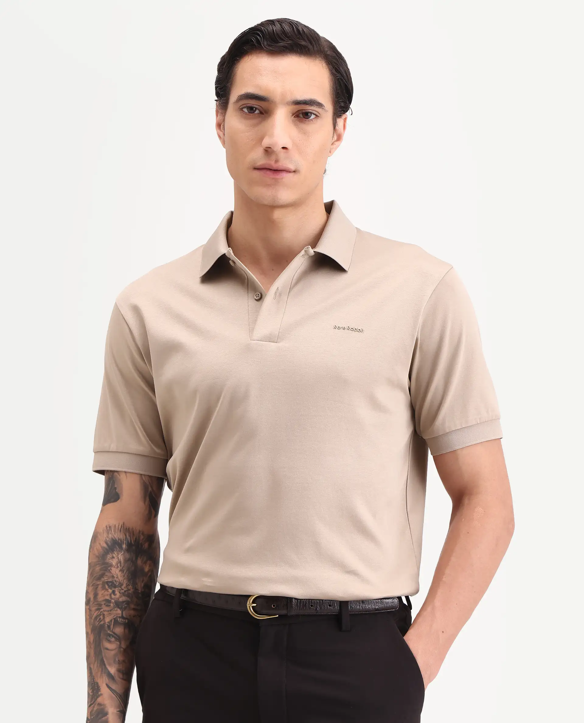 Rare Rabbit Men's Row-S26 Beige Cotton Fabric Half Sleeve Spread Collar Regular Fit Plain Polo