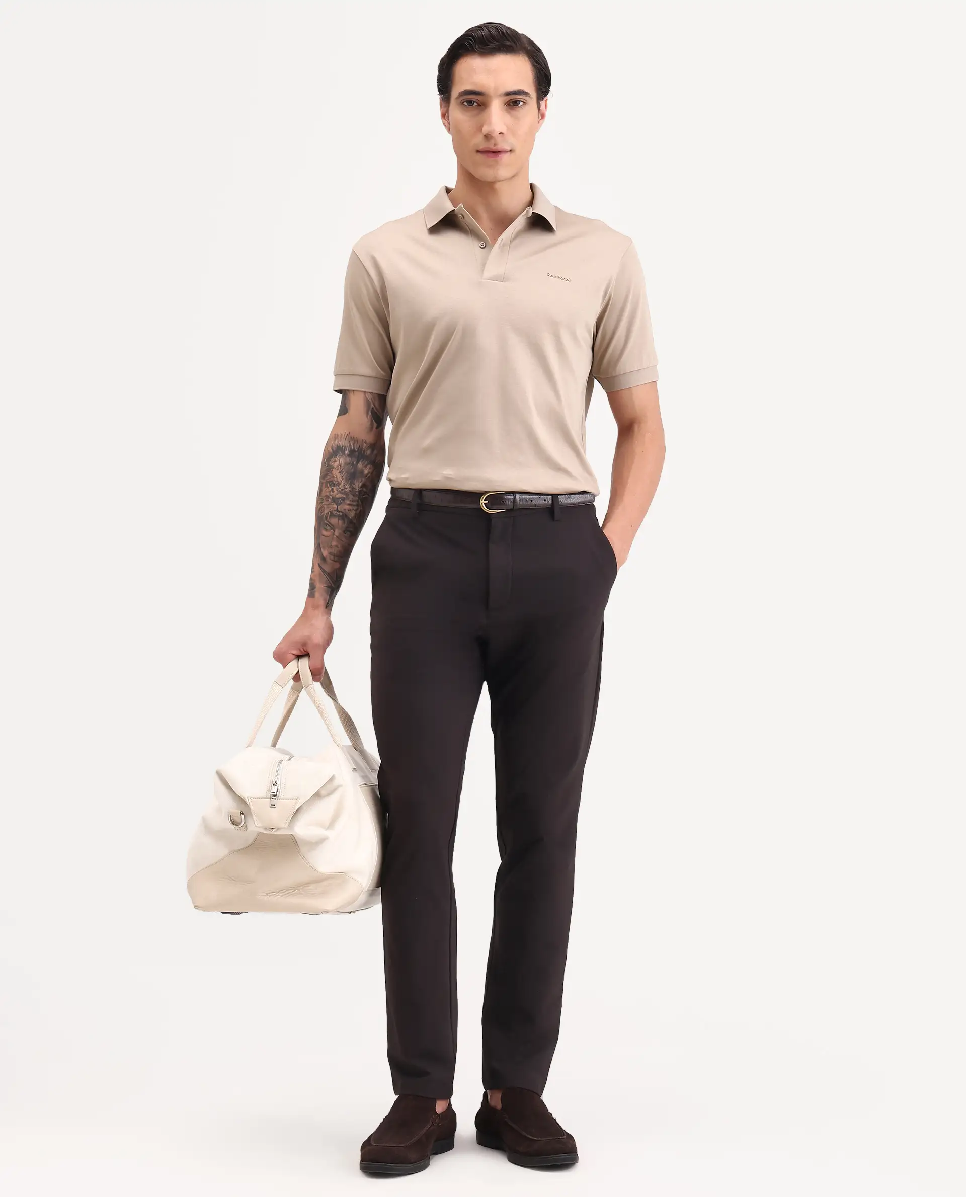 Rare Rabbit Men's Row-S26 Beige Cotton Fabric Half Sleeve Spread Collar Regular Fit Plain Polo - Image 2
