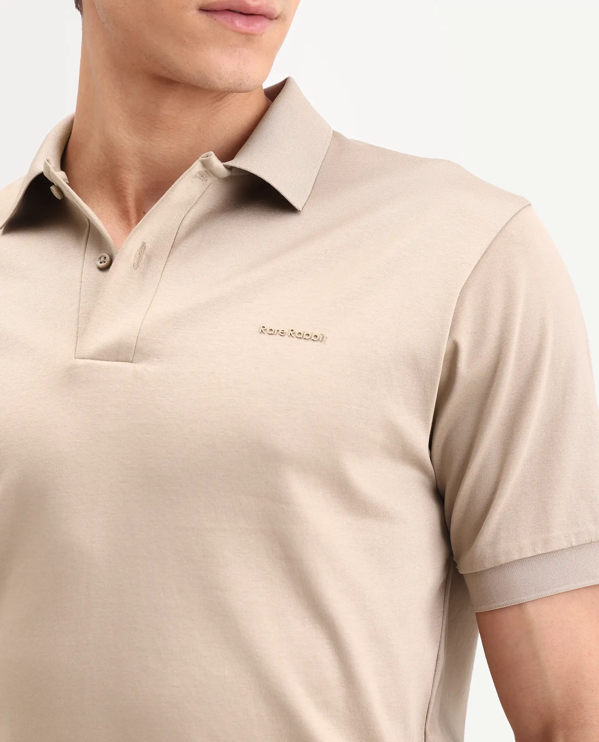Rare Rabbit Men's Row-S26 Beige Cotton Fabric Half Sleeve Spread Collar Regular Fit Plain Polo - Image 3