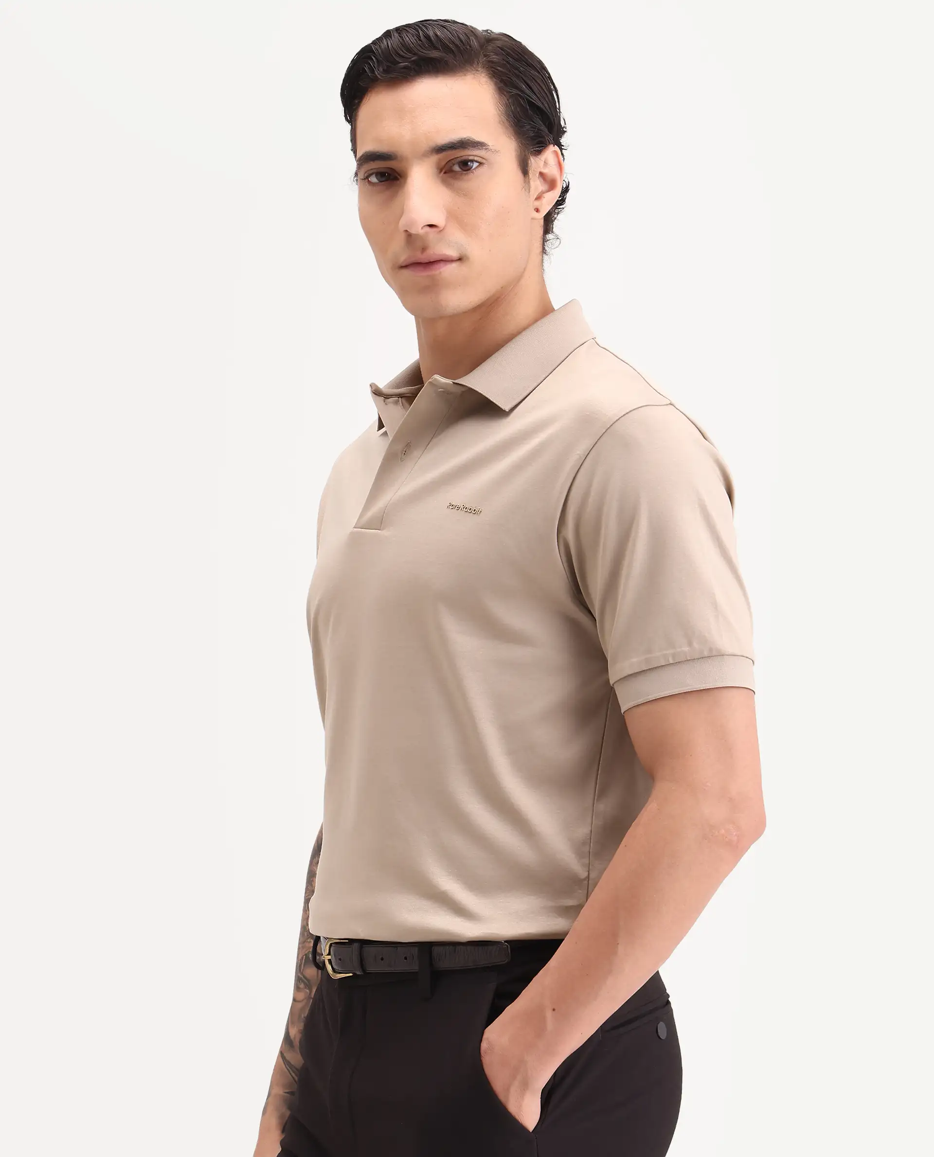 Rare Rabbit Men's Row-S26 Beige Cotton Fabric Half Sleeve Spread Collar Regular Fit Plain Polo - Image 4