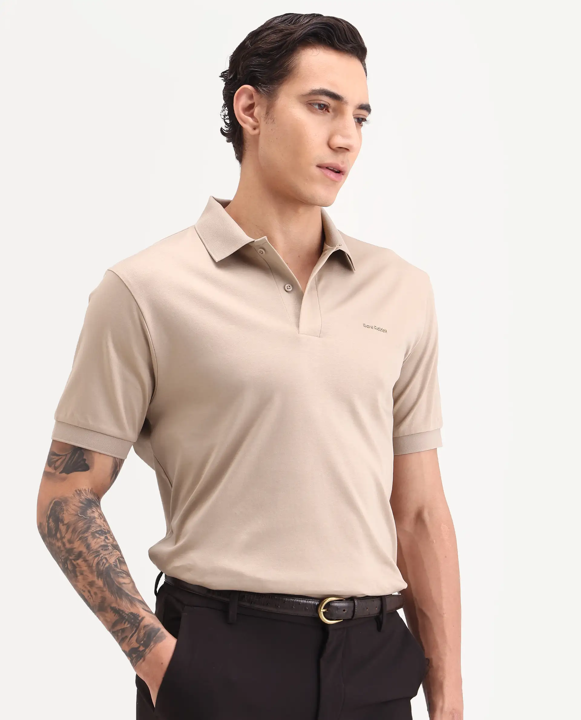 Rare Rabbit Men's Row-S26 Beige Cotton Fabric Half Sleeve Spread Collar Regular Fit Plain Polo - Image 5