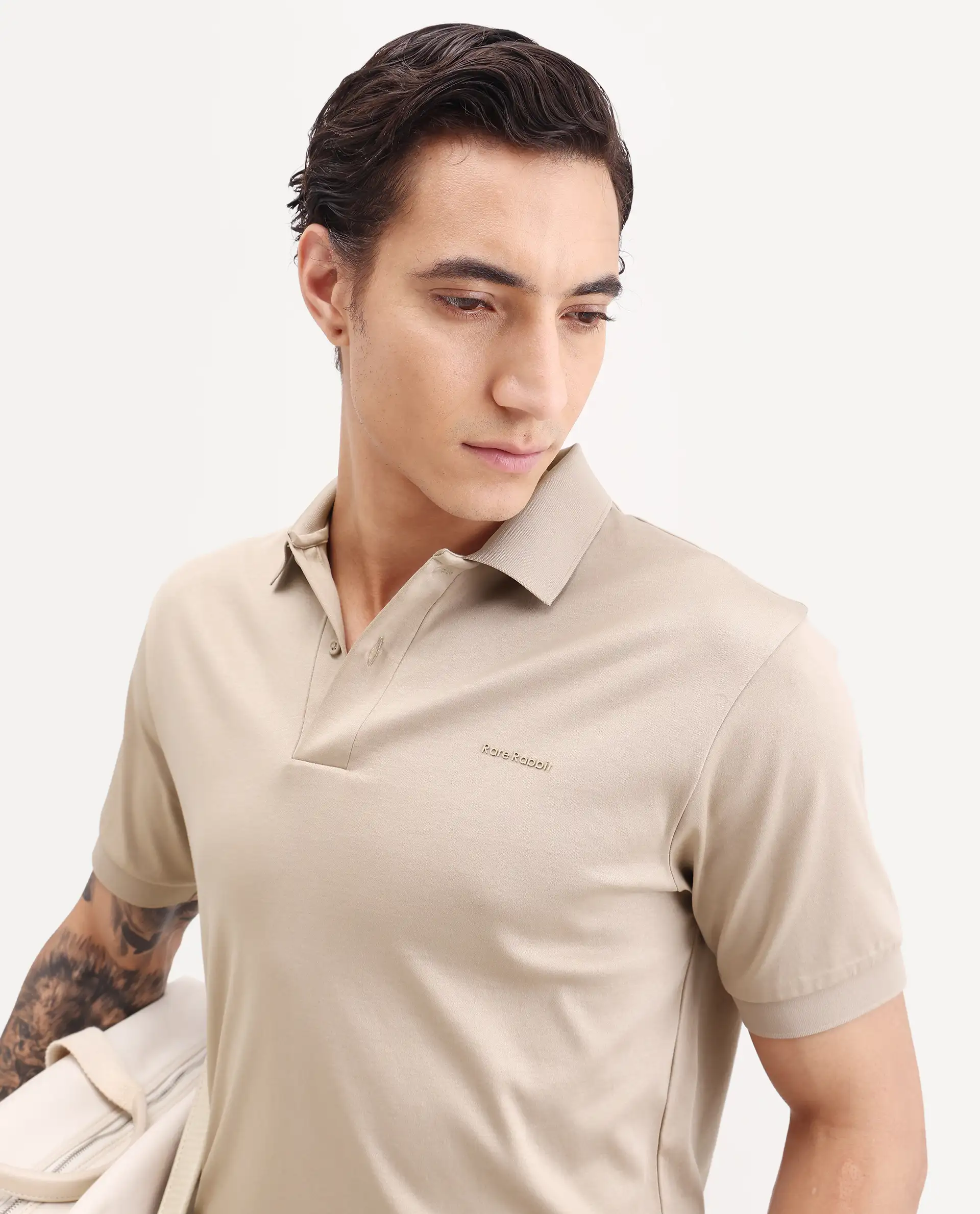 Rare Rabbit Men's Row-S26 Beige Cotton Fabric Half Sleeve Spread Collar Regular Fit Plain Polo - Image 6