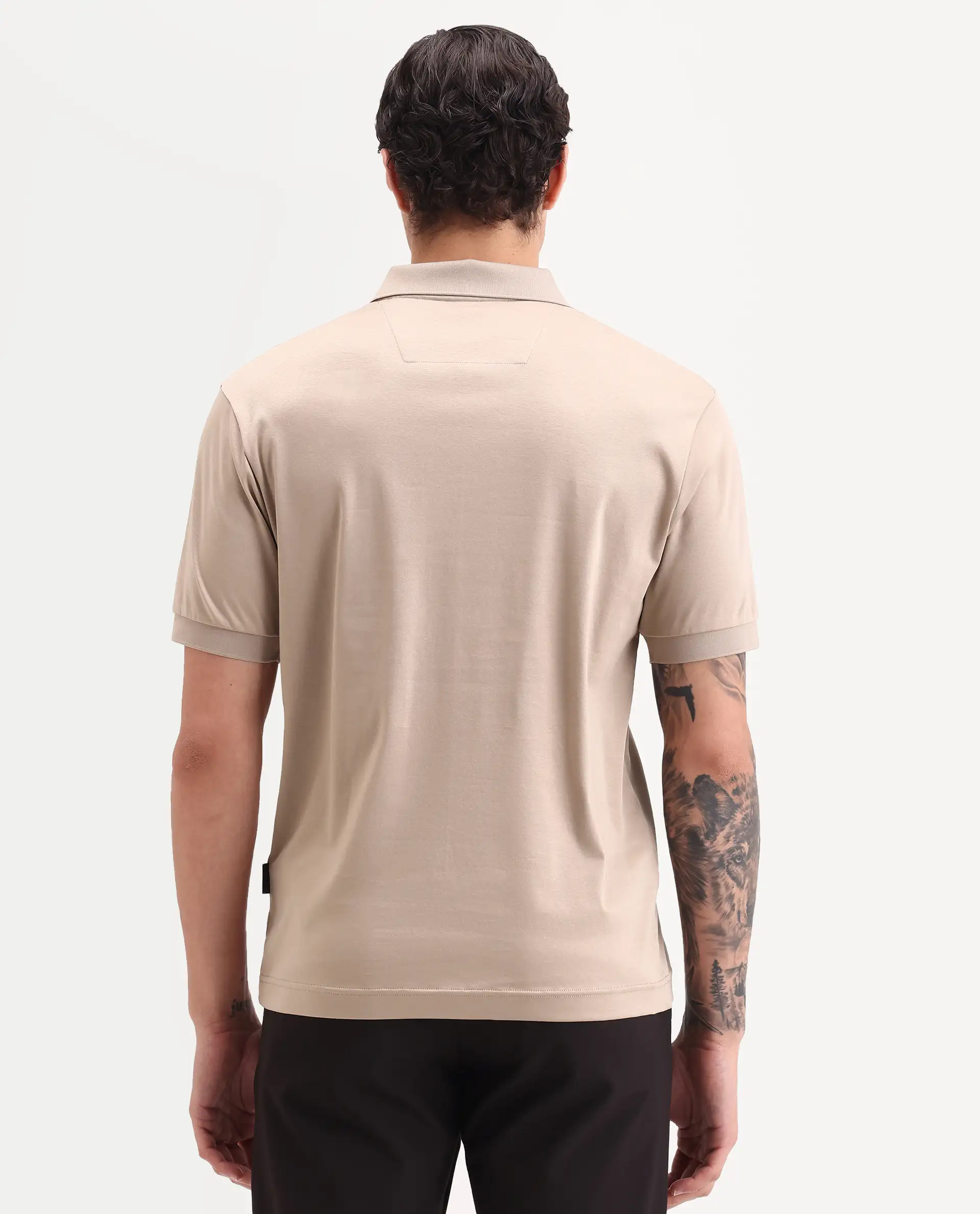 Rare Rabbit Men's Row-S26 Beige Cotton Fabric Half Sleeve Spread Collar Regular Fit Plain Polo - Image 7