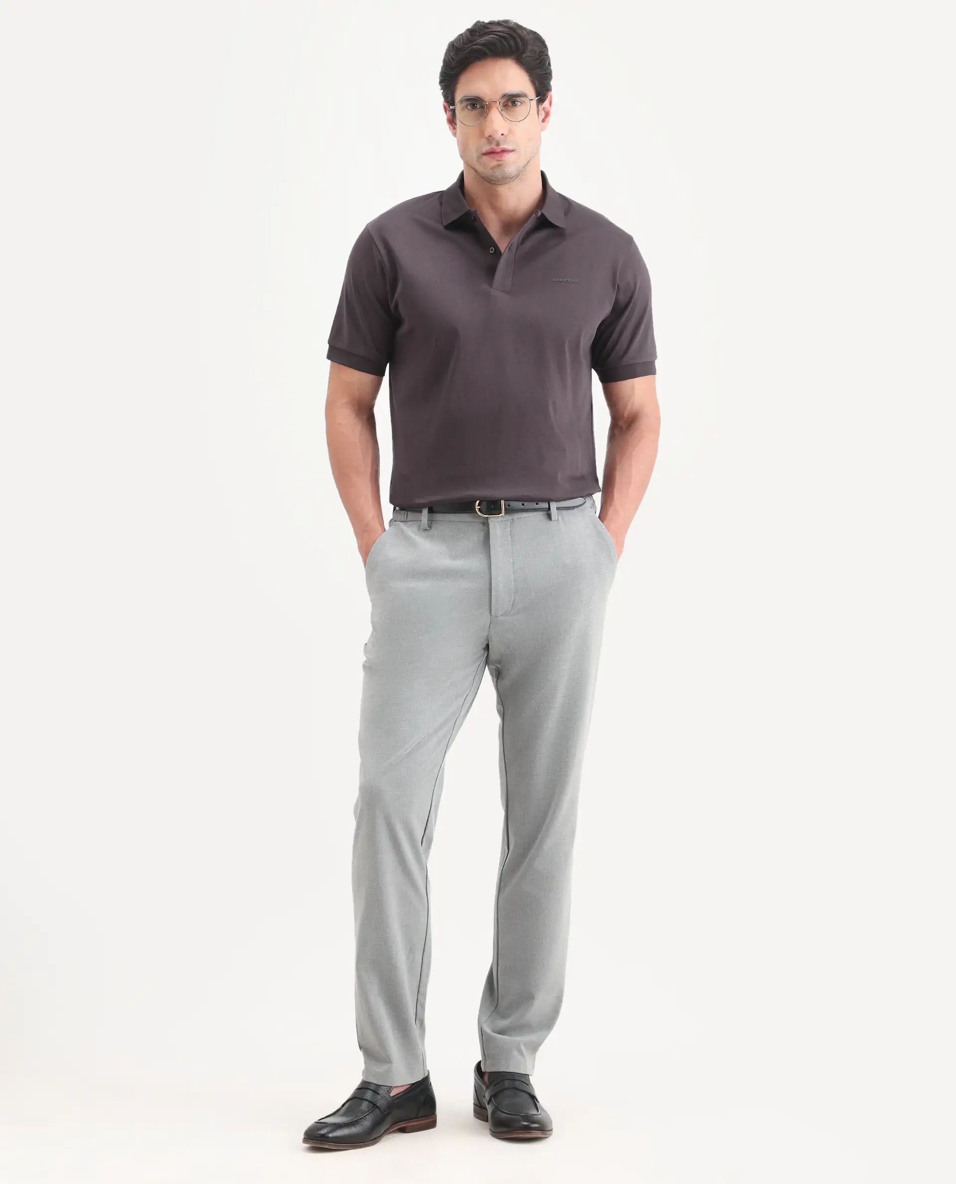 Rare Rabbit Men's Row-S26 Brown Cotton Fabric Half Sleeve Spread Collar Regular Fit Plain Polo - Image 2